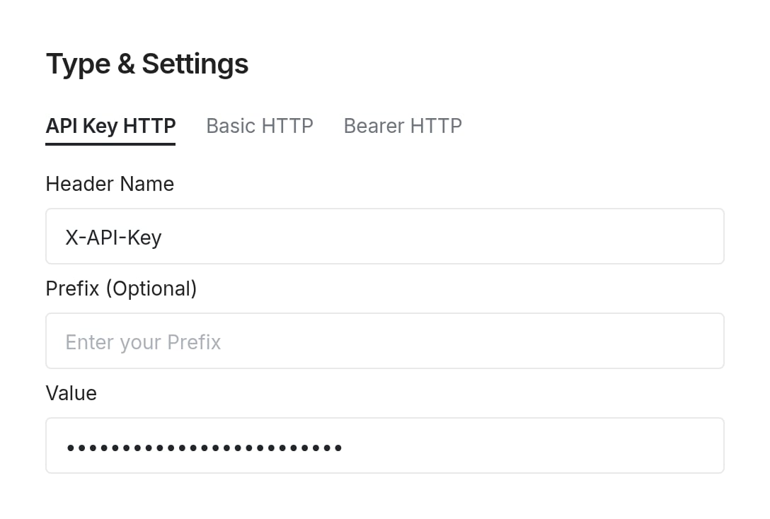 Image of the API Key HTTP credential settings with Header Name, Prefix, and Value