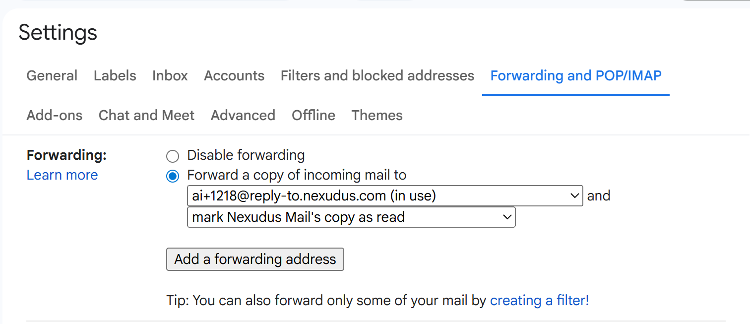 Gmail forwarding settings showing the Nexudus AI inbox address configured as the forwarding destination