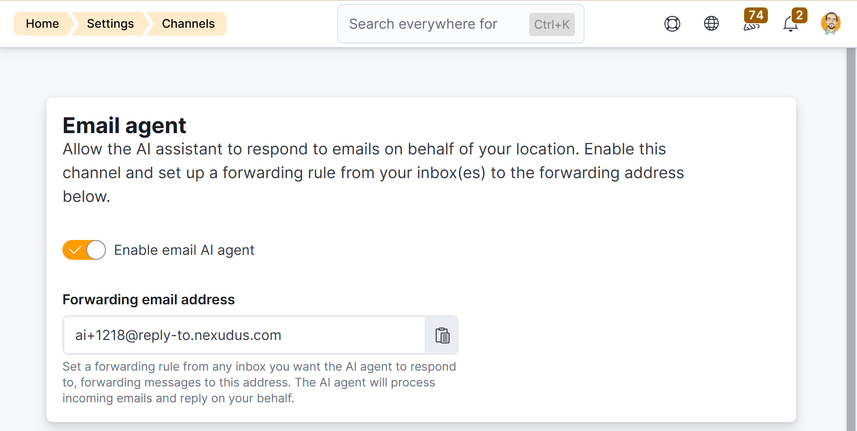 AI settings in Nexudus showing the AI Email toggle and the generated AI inbox address