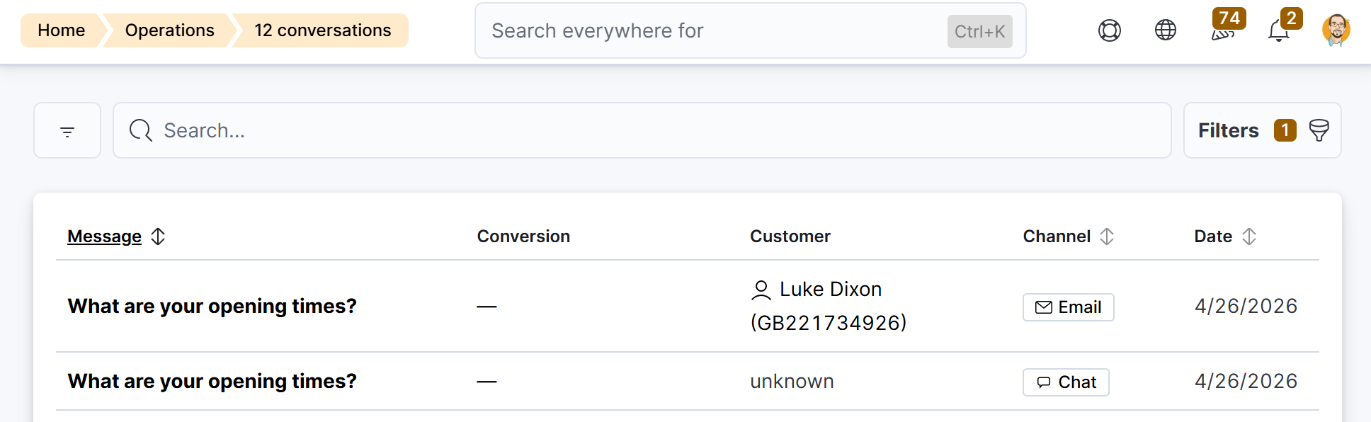 AI Conversations list showing a test WhatsApp conversation with the WhatsApp channel badge