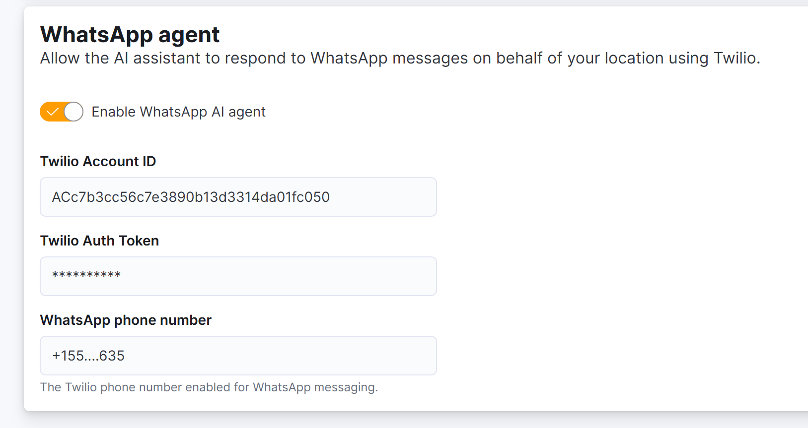Nexudus AI settings showing the Twilio Account SID and Auth Token fields