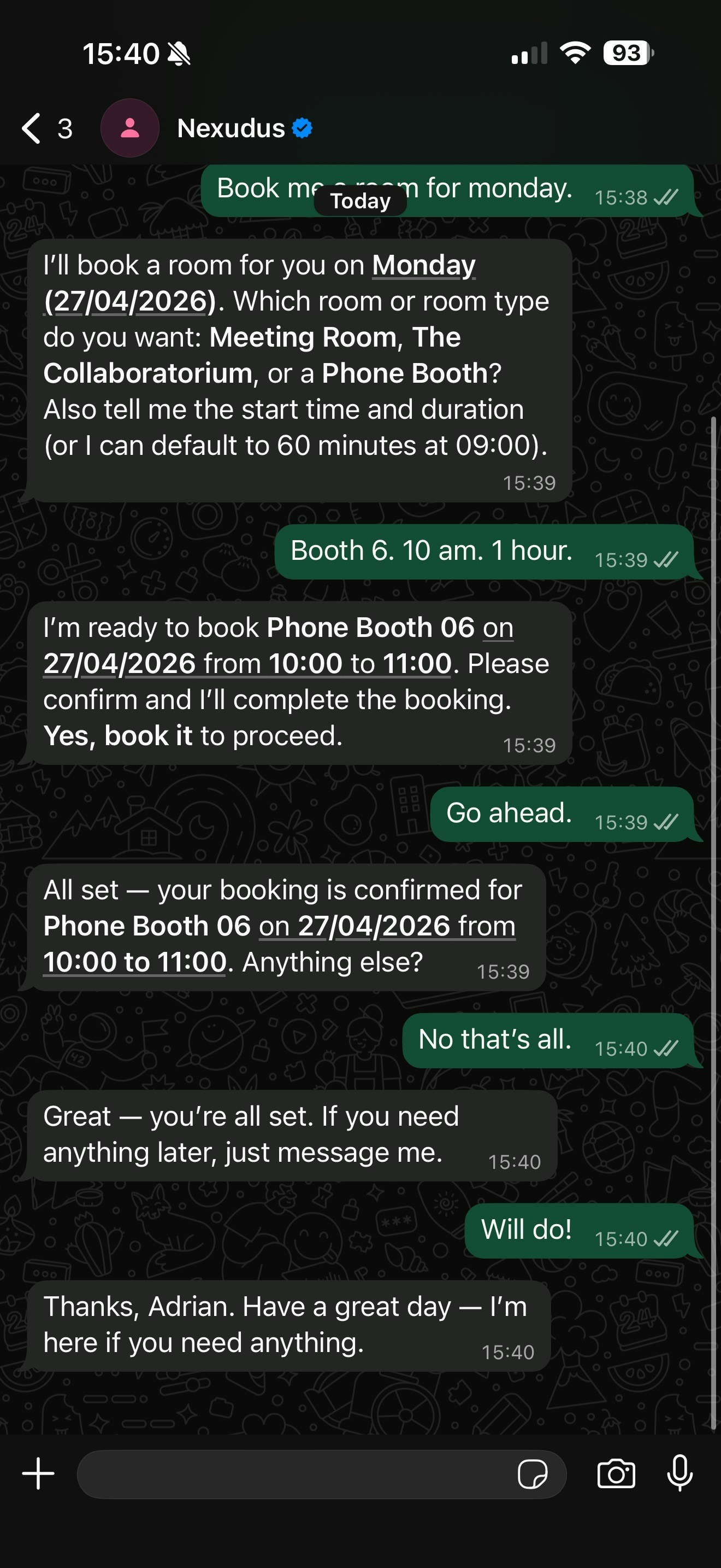 WhatsApp conversation showing a test message and the AI assistant's reply