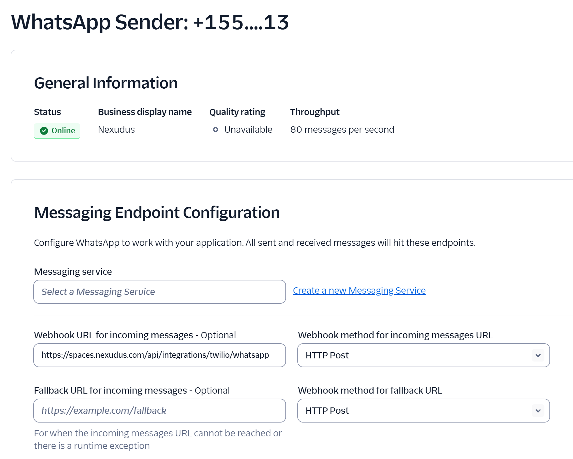 Twilio sender settings showing the webhook URL configured to point to the Nexudus WhatsApp endpoint