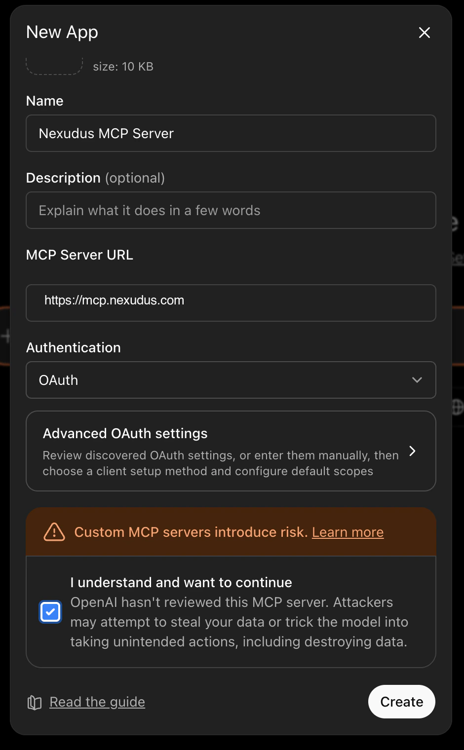ChatGPT 'New App' dialog with name 'Nexudus MCP Server', the MCP server URL, OAuth authentication, and the risk acknowledgement checkbox ticked.