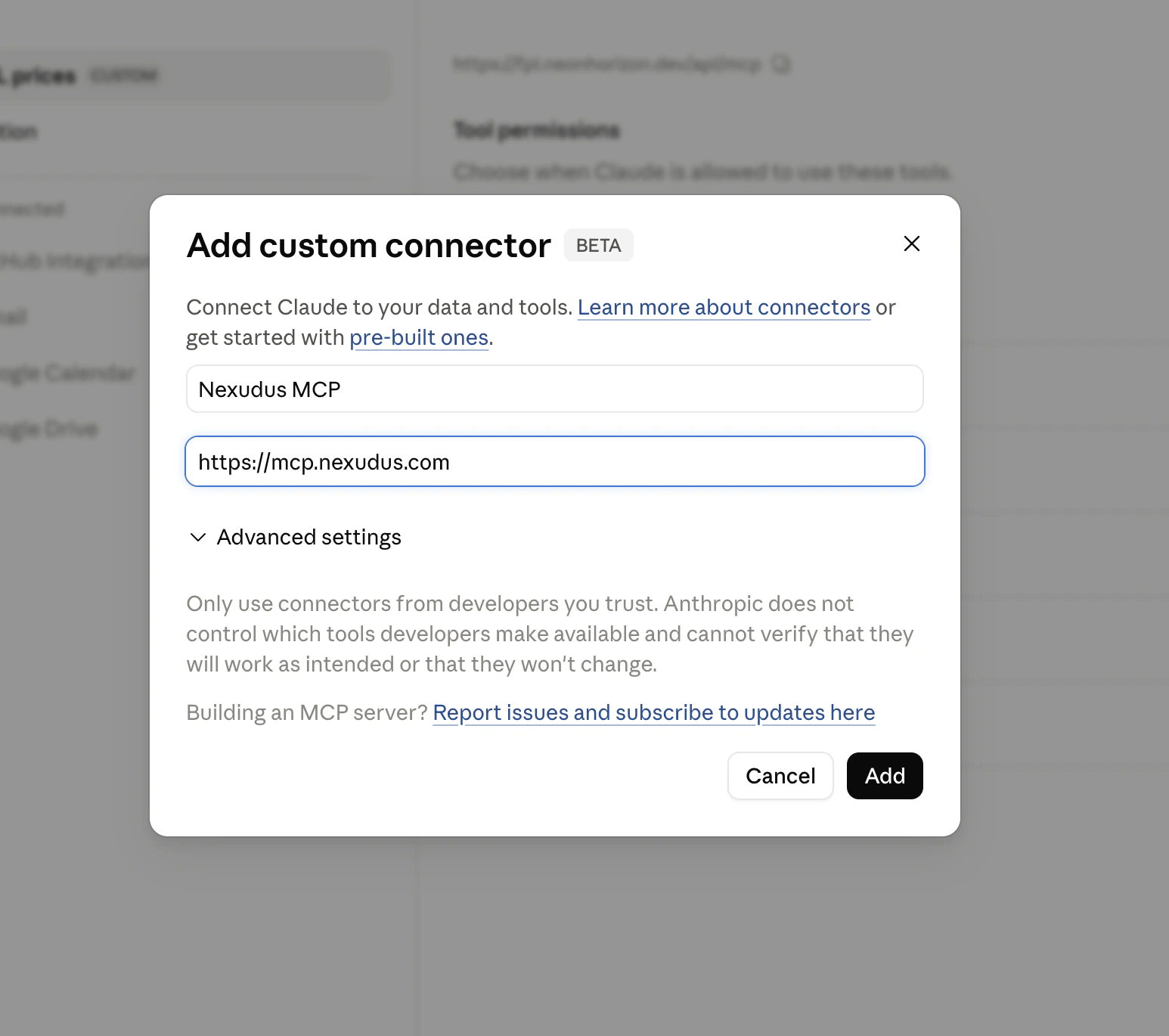 Claude.ai 'Add custom connector' dialog with the name 'Nexudus MCP' and the URL https://mcp.nexudus.com filled in.