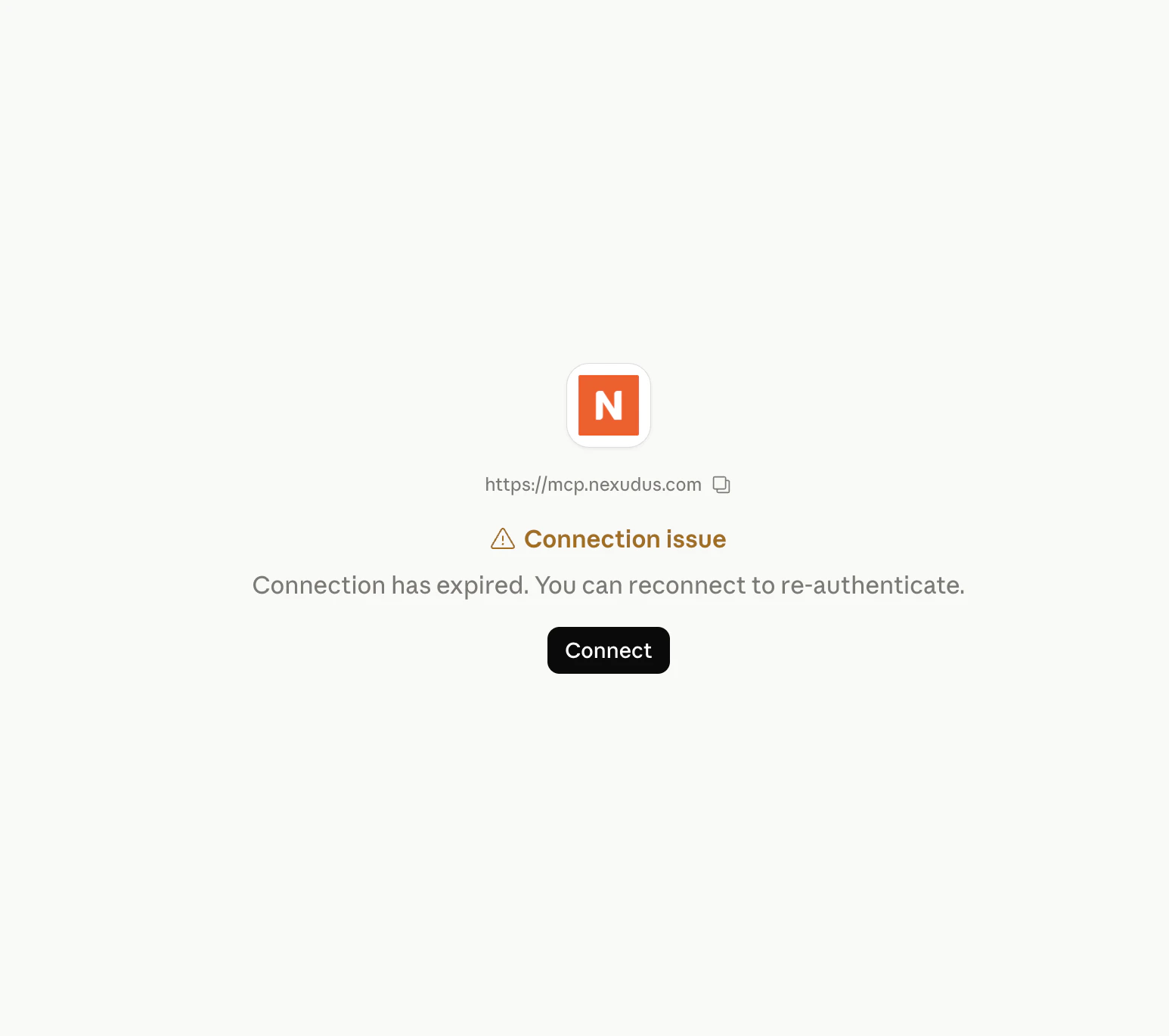 Claude.ai 'Connection issue — Connection has expired' screen for the Nexudus MCP connector with a Connect button.