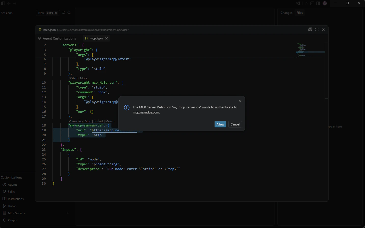 VS Code dialog: 'The MCP Server Definition wants to authenticate to mcp.nexudus.com.' with Allow and Cancel buttons.