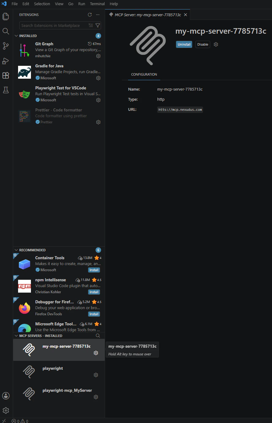 VS Code showing the configured Nexudus MCP server with name, type 'http', and the server URL.