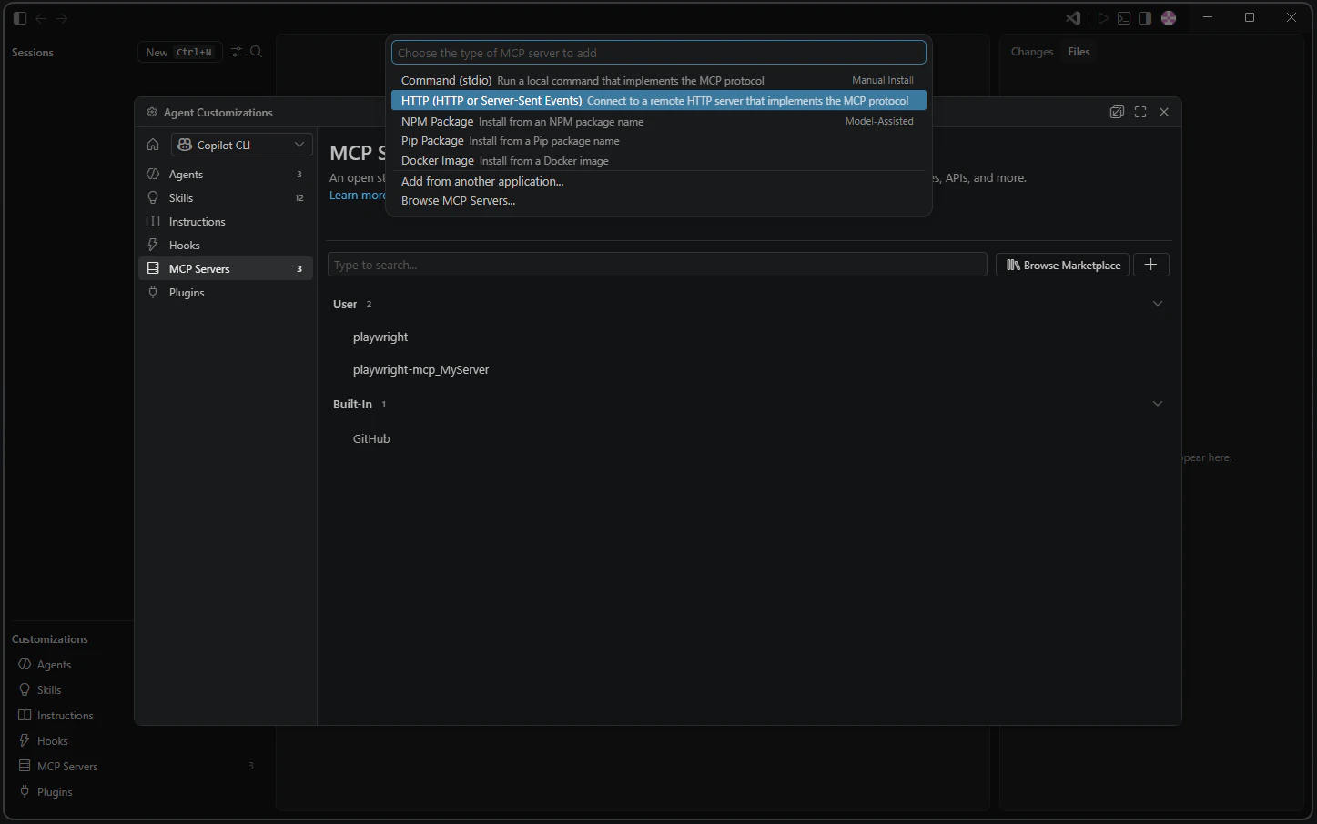 VS Code MCP server type picker with 'HTTP (HTTP or Server-Sent Events)' highlighted.