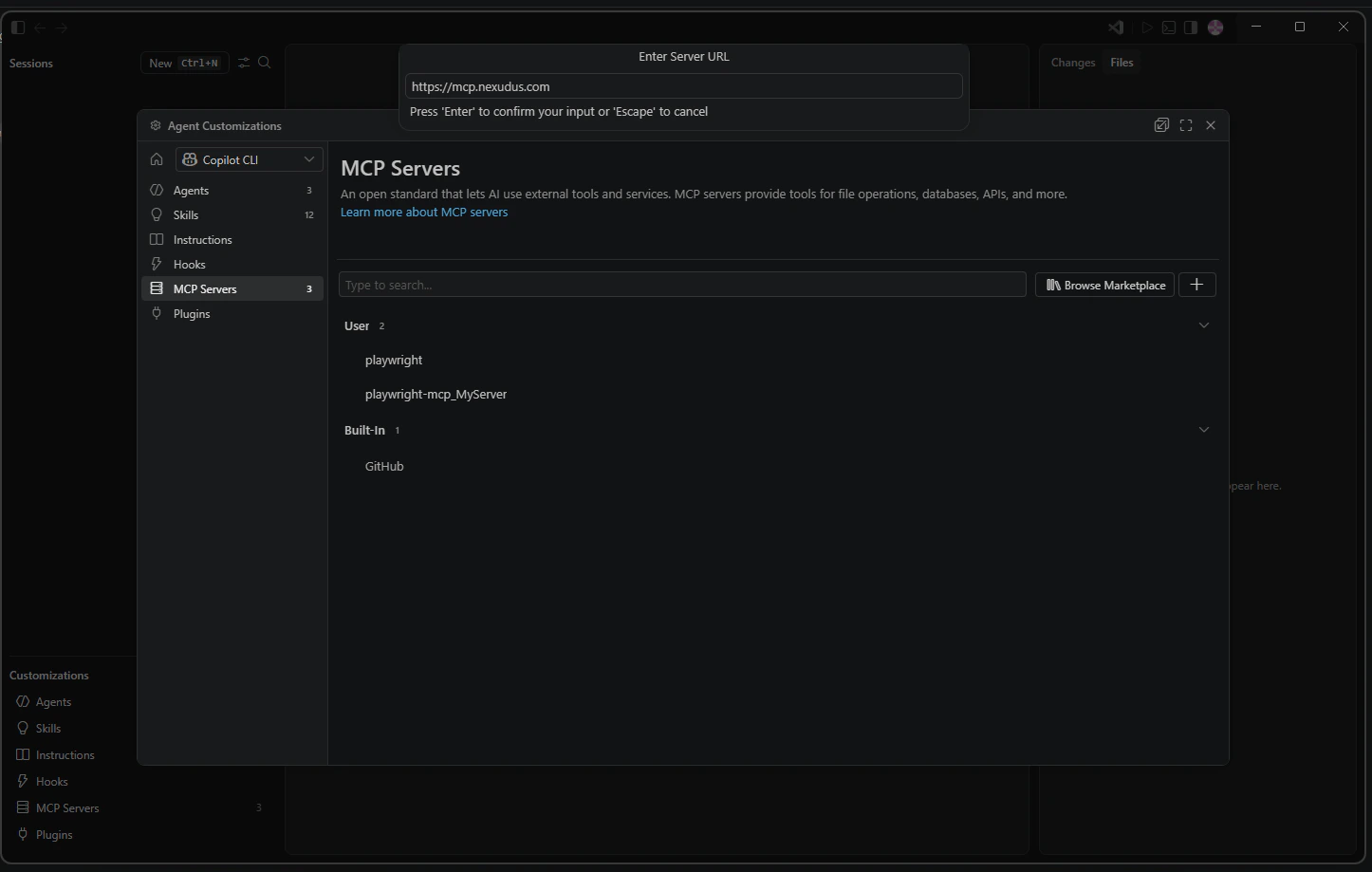 VS Code prompt to enter the MCP server URL, with https://mcp.nexudus.com filled in.