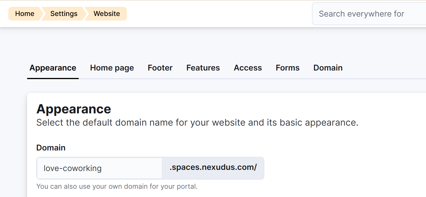 Settings > Website page showing the Domain field