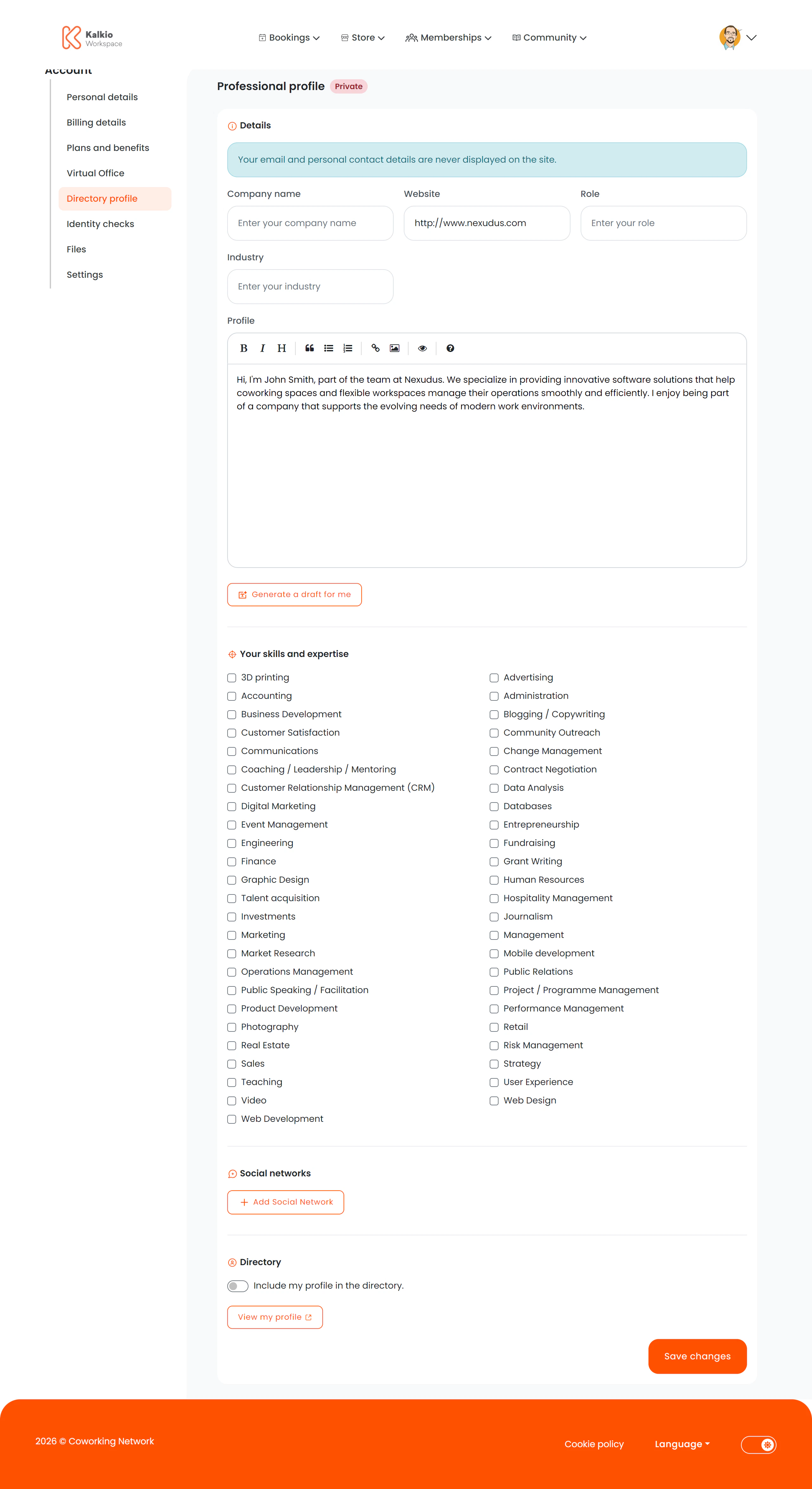 Professional Profile page