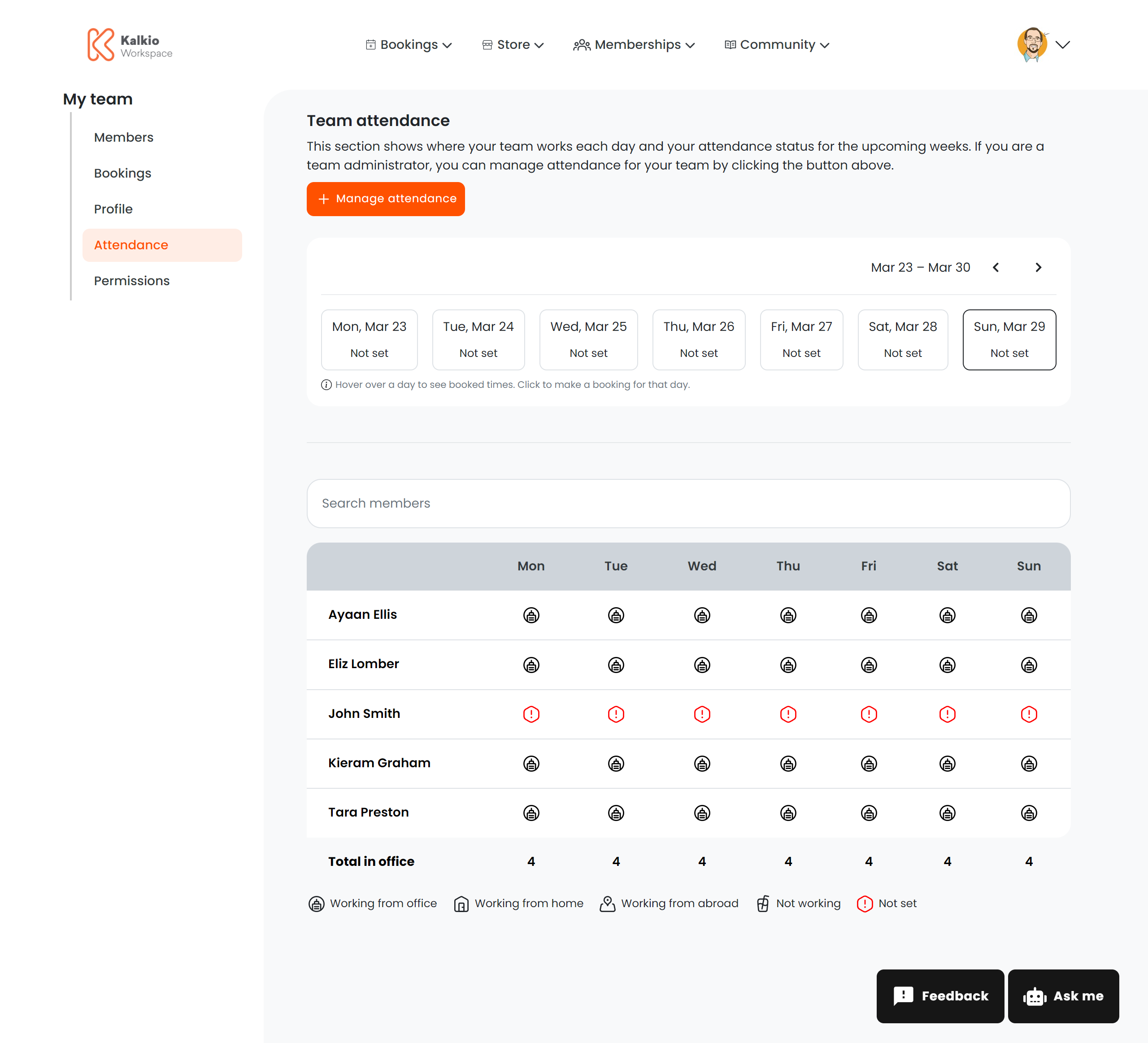 Team Attendance page