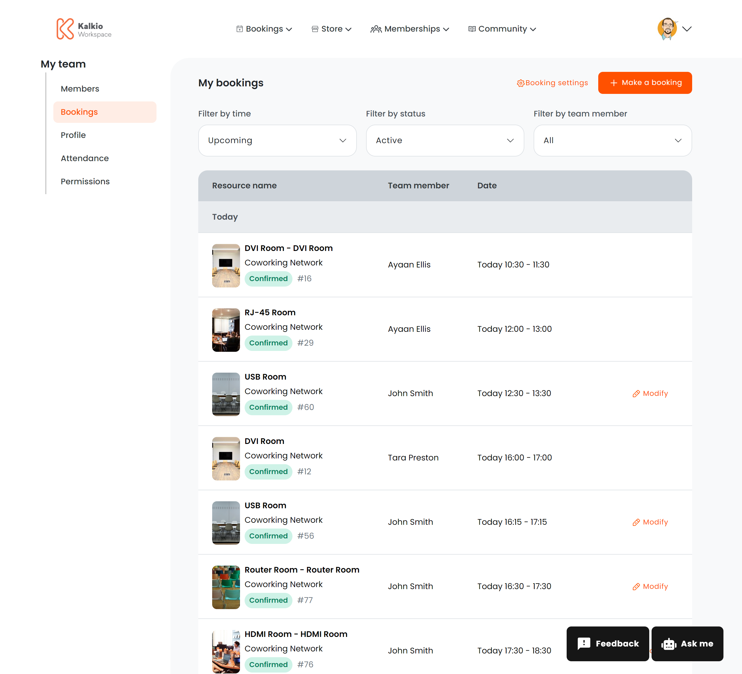 Team Bookings page
