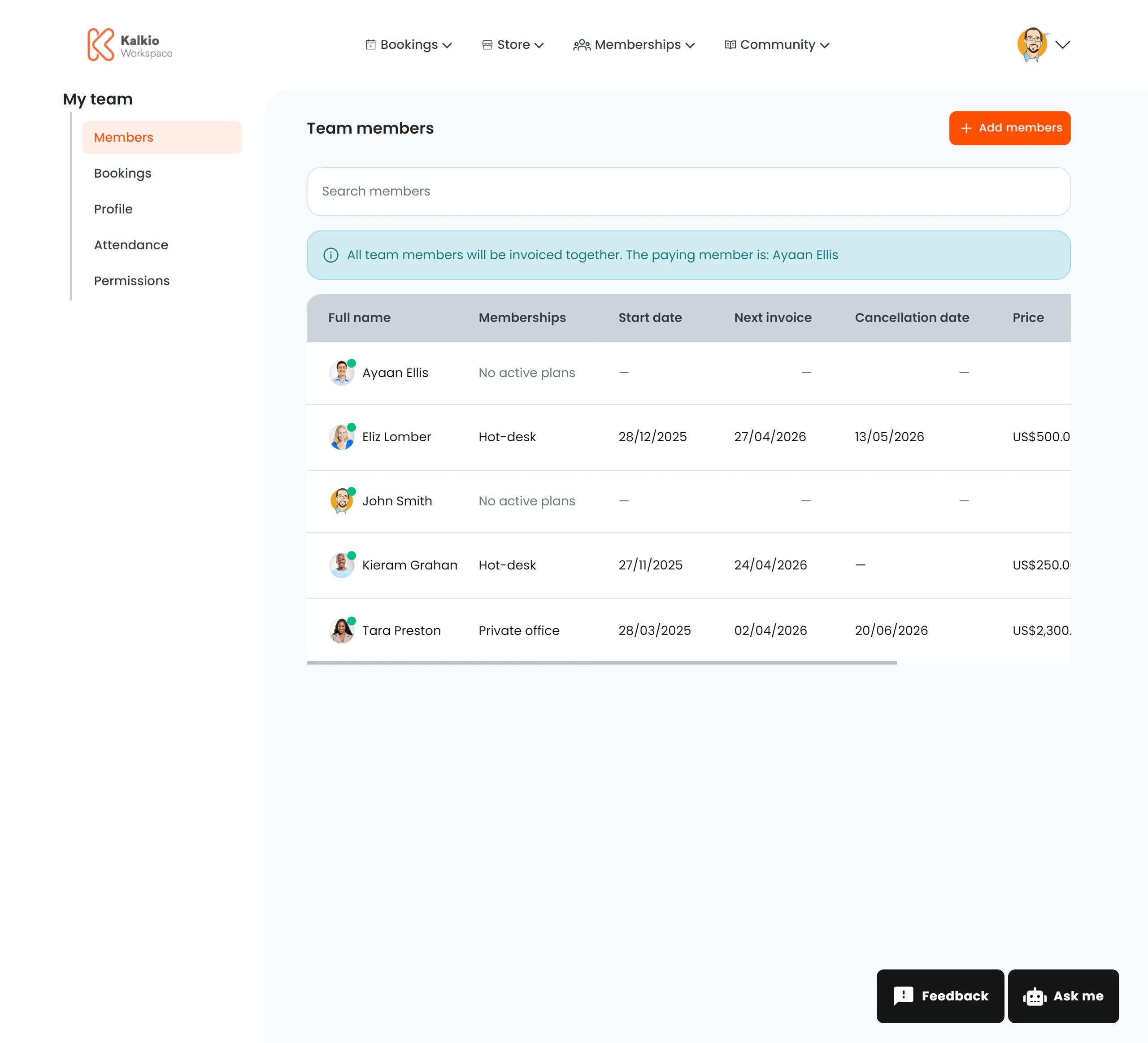 Team Members page
