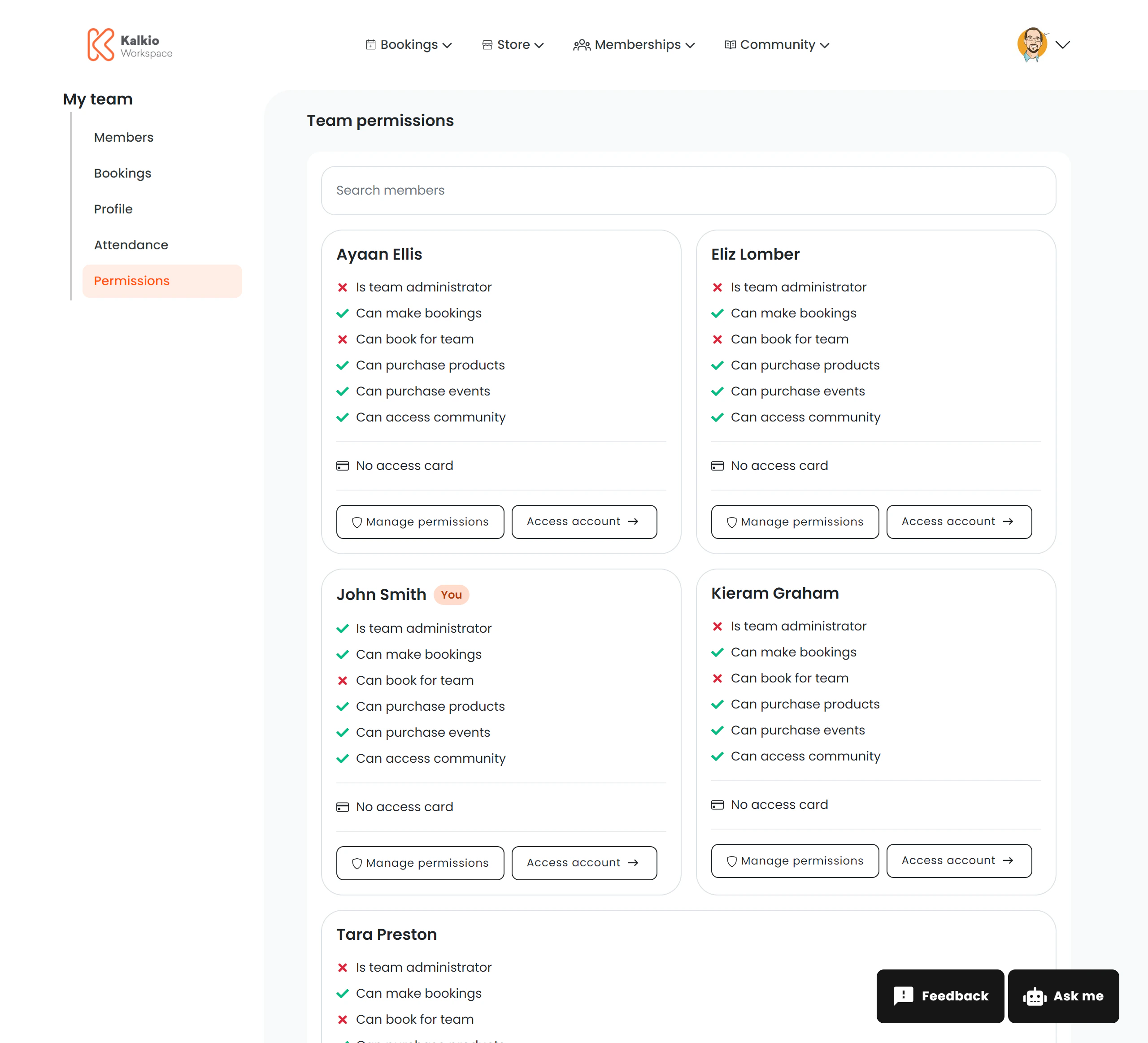 Team Permissions page