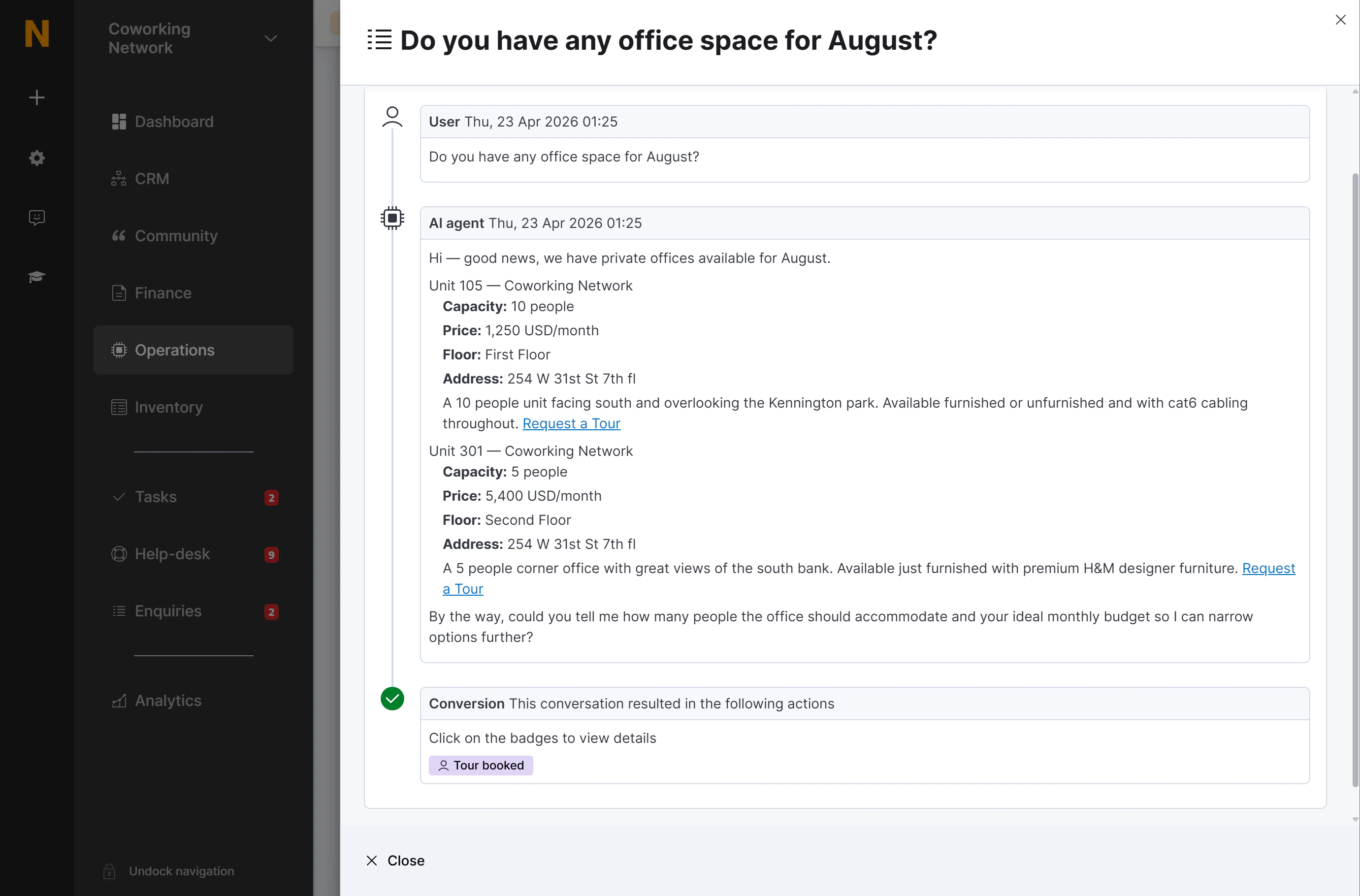Conversation detail panel showing a full exchange with user and AI agent messages and a Contract created badge at the top