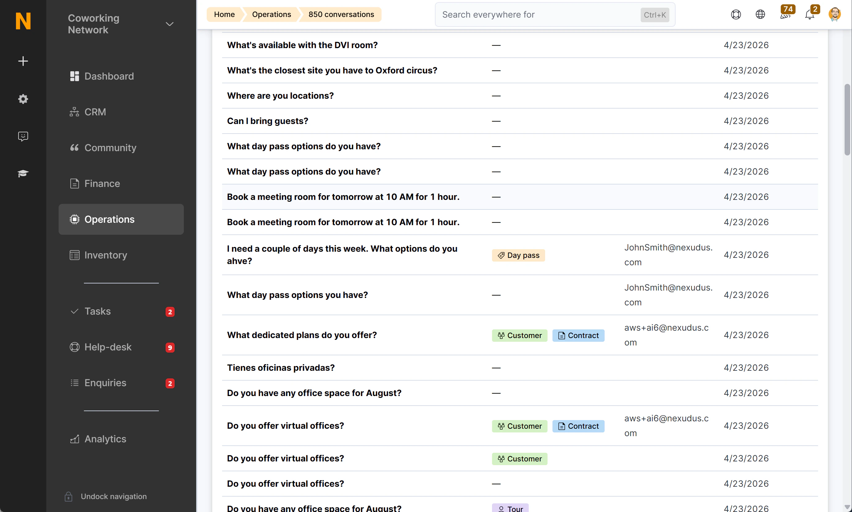 AI Conversations list showing multiple rows with Message, Conversion badges, User, and Date columns