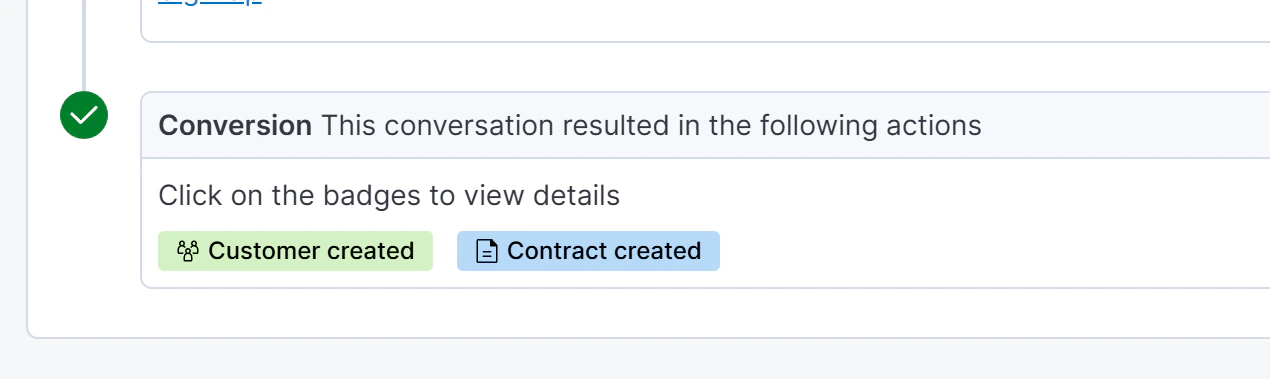 A single conversation row showing both a Customer created and a Contract created badge