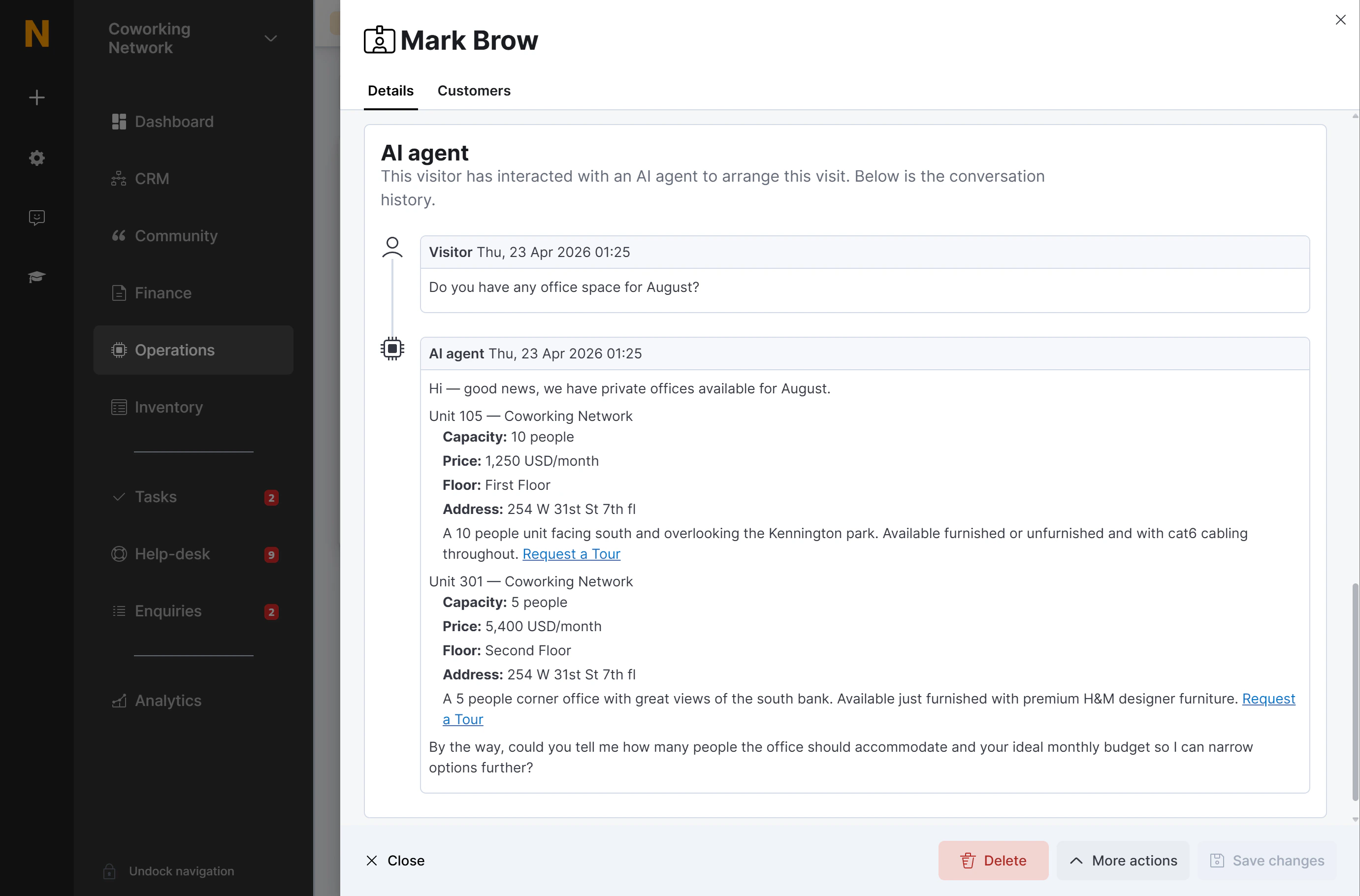 A Visitor record with the AI Agent Conversation section showing the full conversation that led to the tour