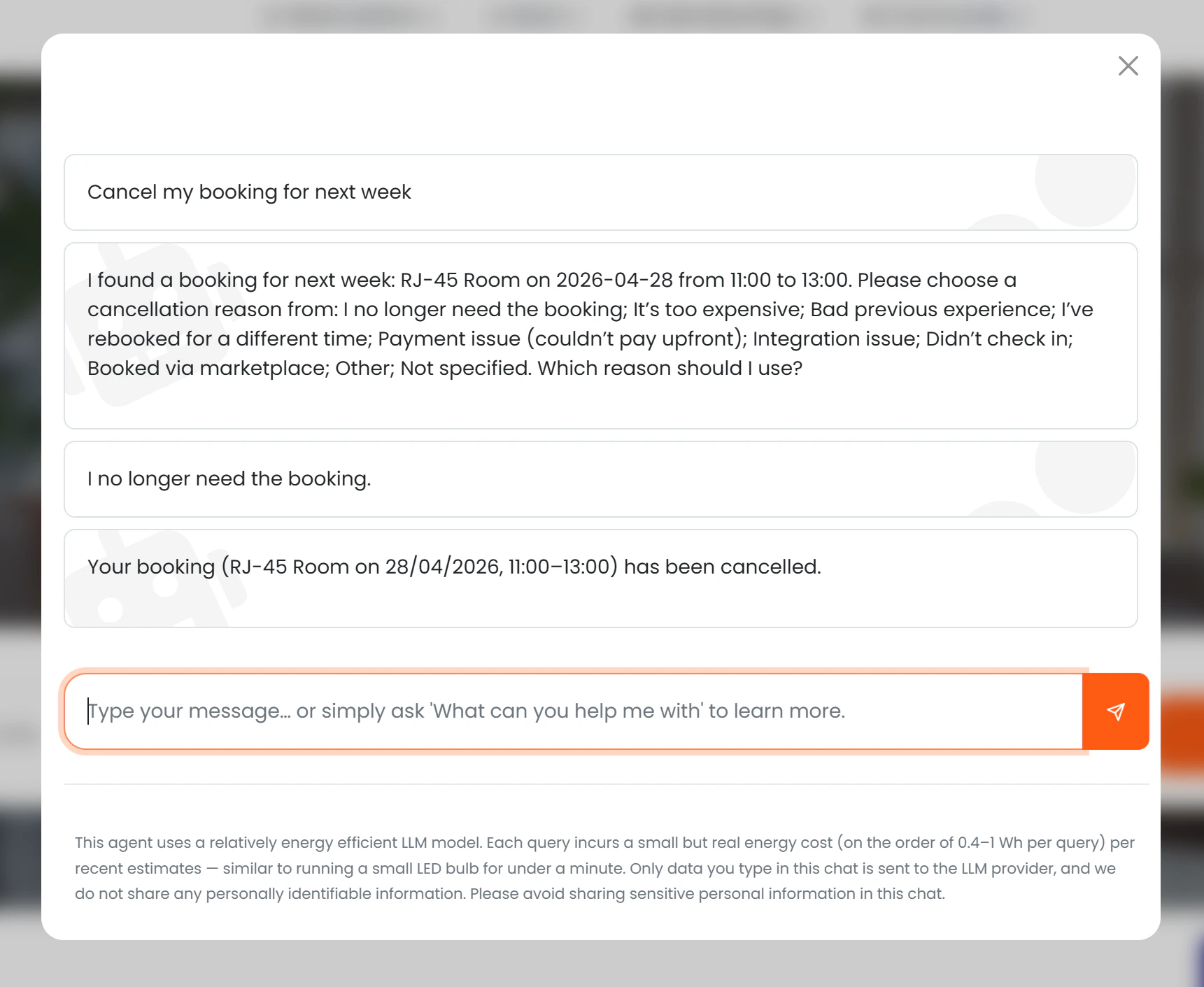 Chat showing a cancellation: member requests cancellation, AI asks for reason with localised options, member selects, AI confirms