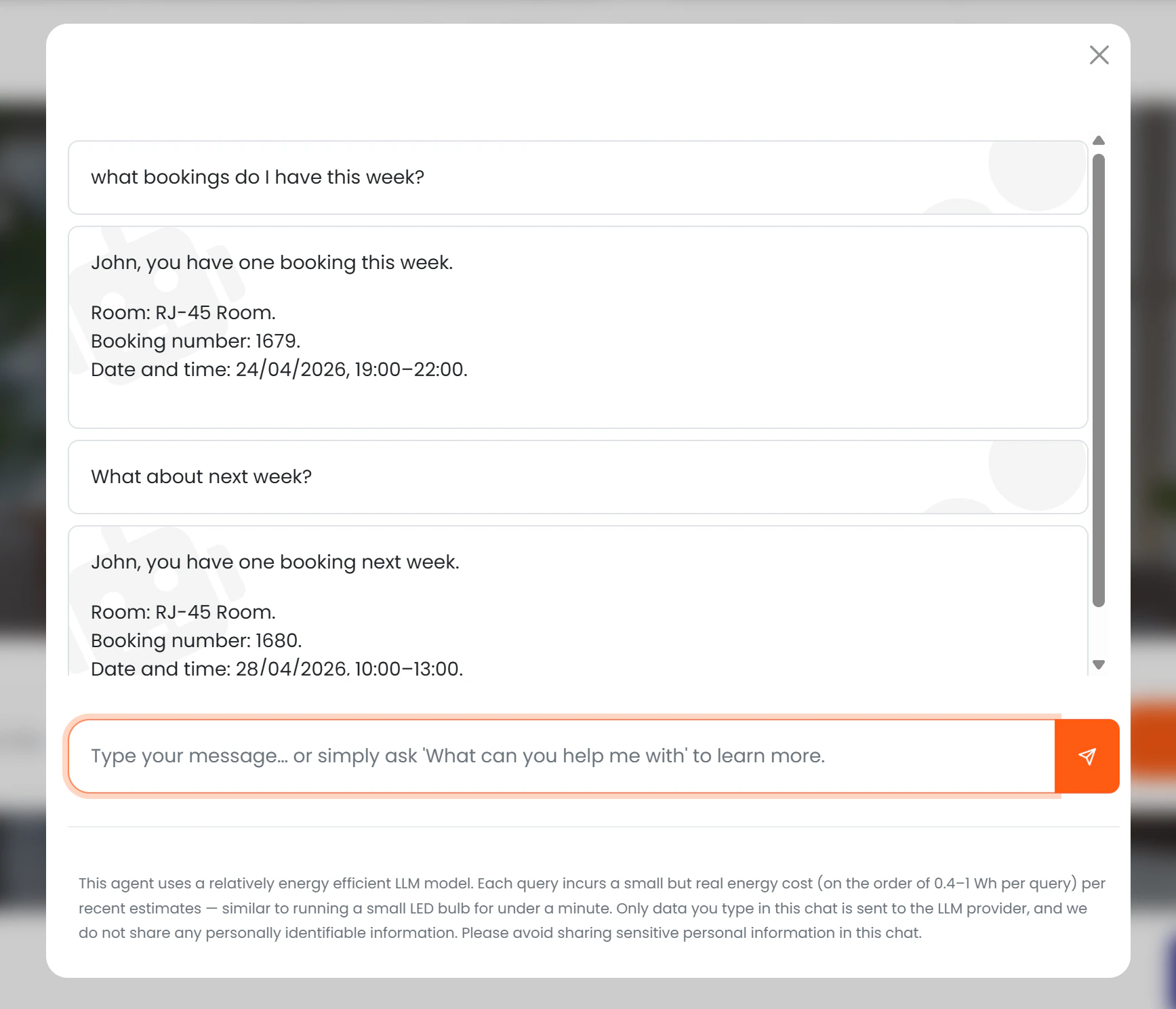 Chat showing a list of upcoming bookings returned by the AI