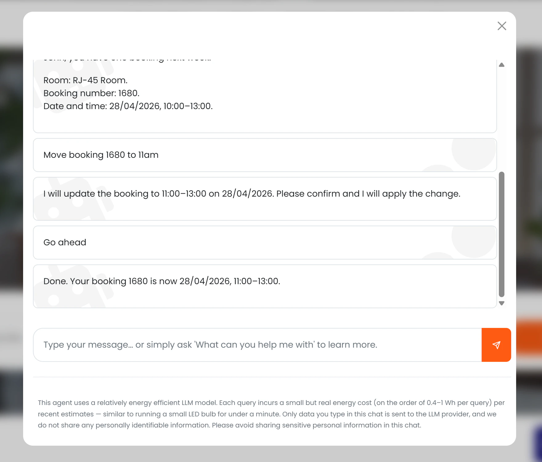 Chat showing a booking modification: move my 3pm meeting to 4pm, AI shows updated draft, member confirms