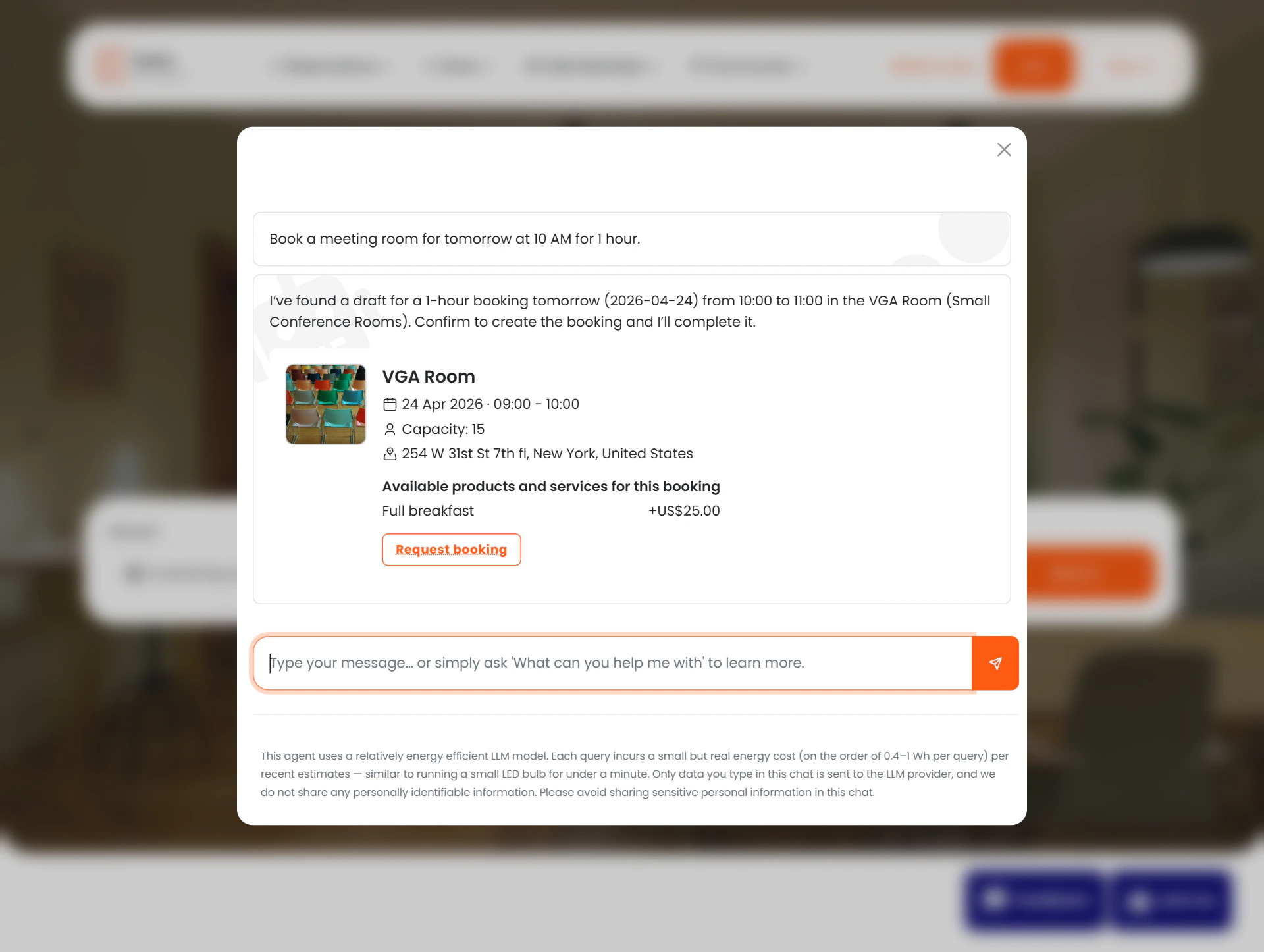 Chat showing a booking creation: user requests room, AI shows draft with details, user confirms, booking confirmed with reference