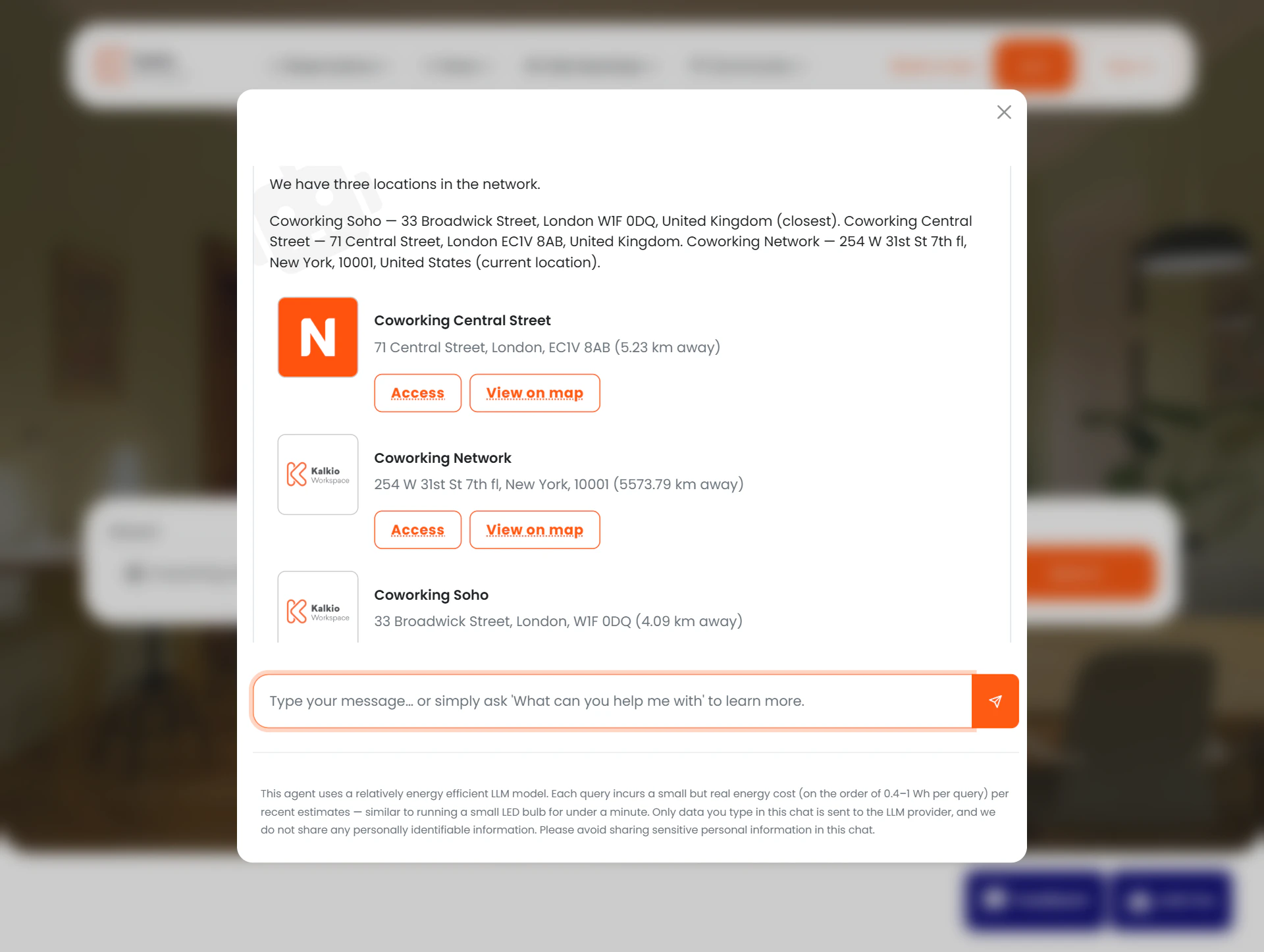 A location tool card showing logo, address, and map link