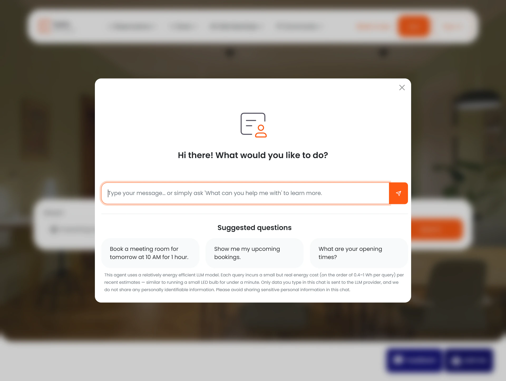 The open chat modal showing the greeting and three suggested prompts