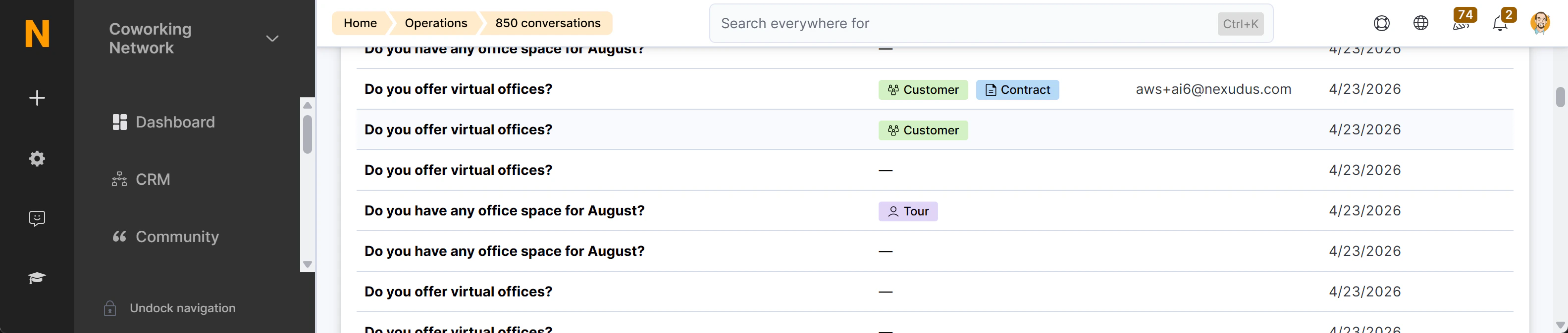 AI Conversations list showing multiple rows with all four types of conversion badge