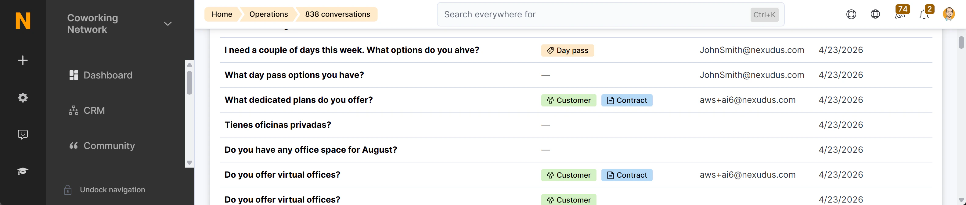 AI Conversations list showing a row with Customer created and Contract created badges