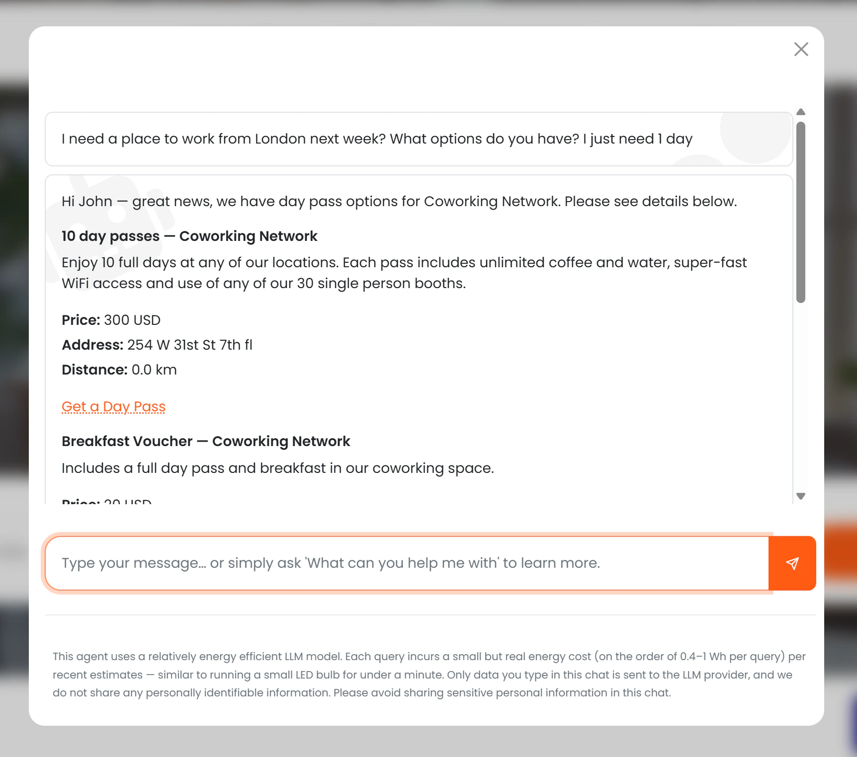 Chat showing a day pass enquiry with the day pass card showing name, price, description, and Get a day pass button