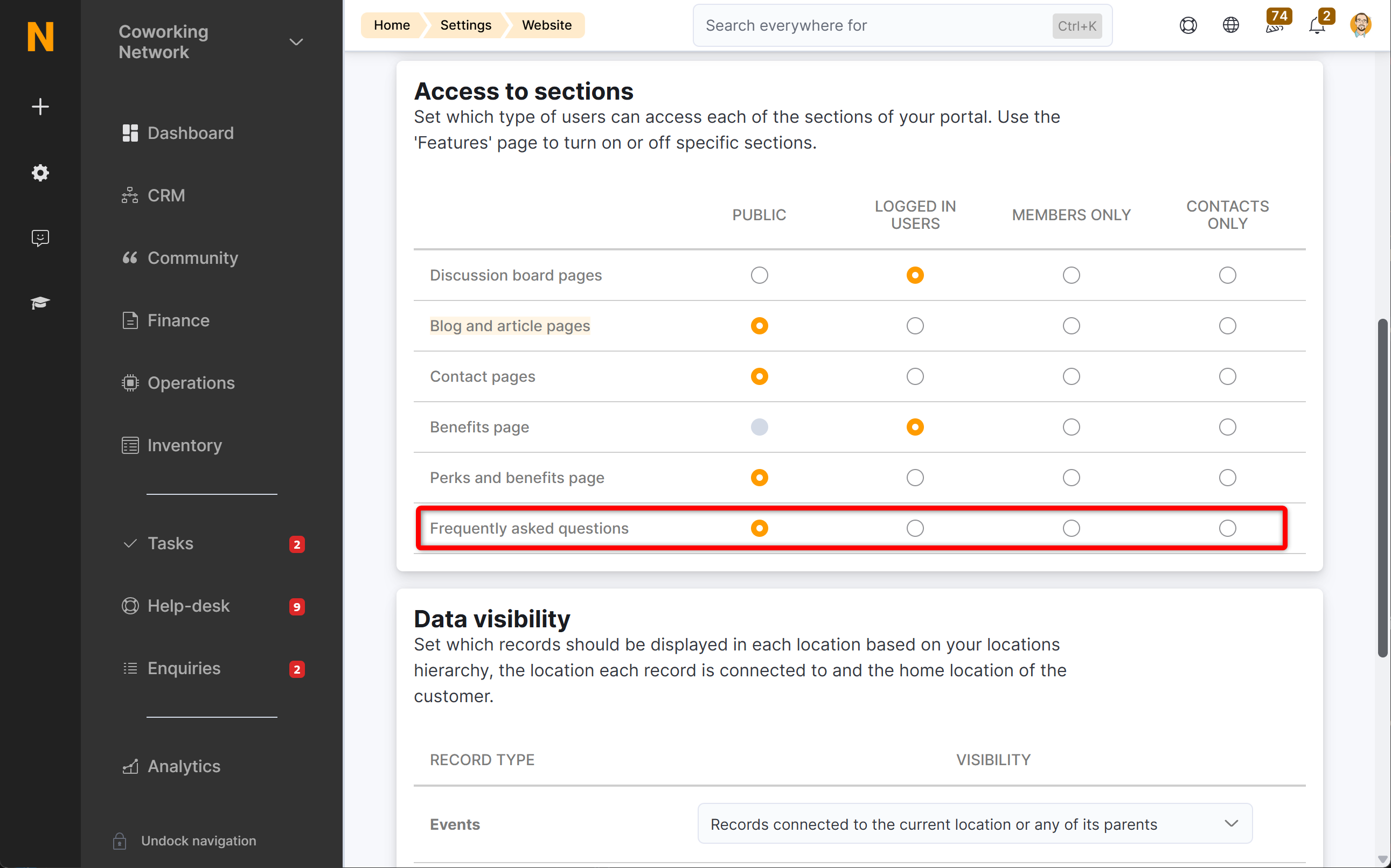 Portal settings page showing the FAQ access control dropdown
