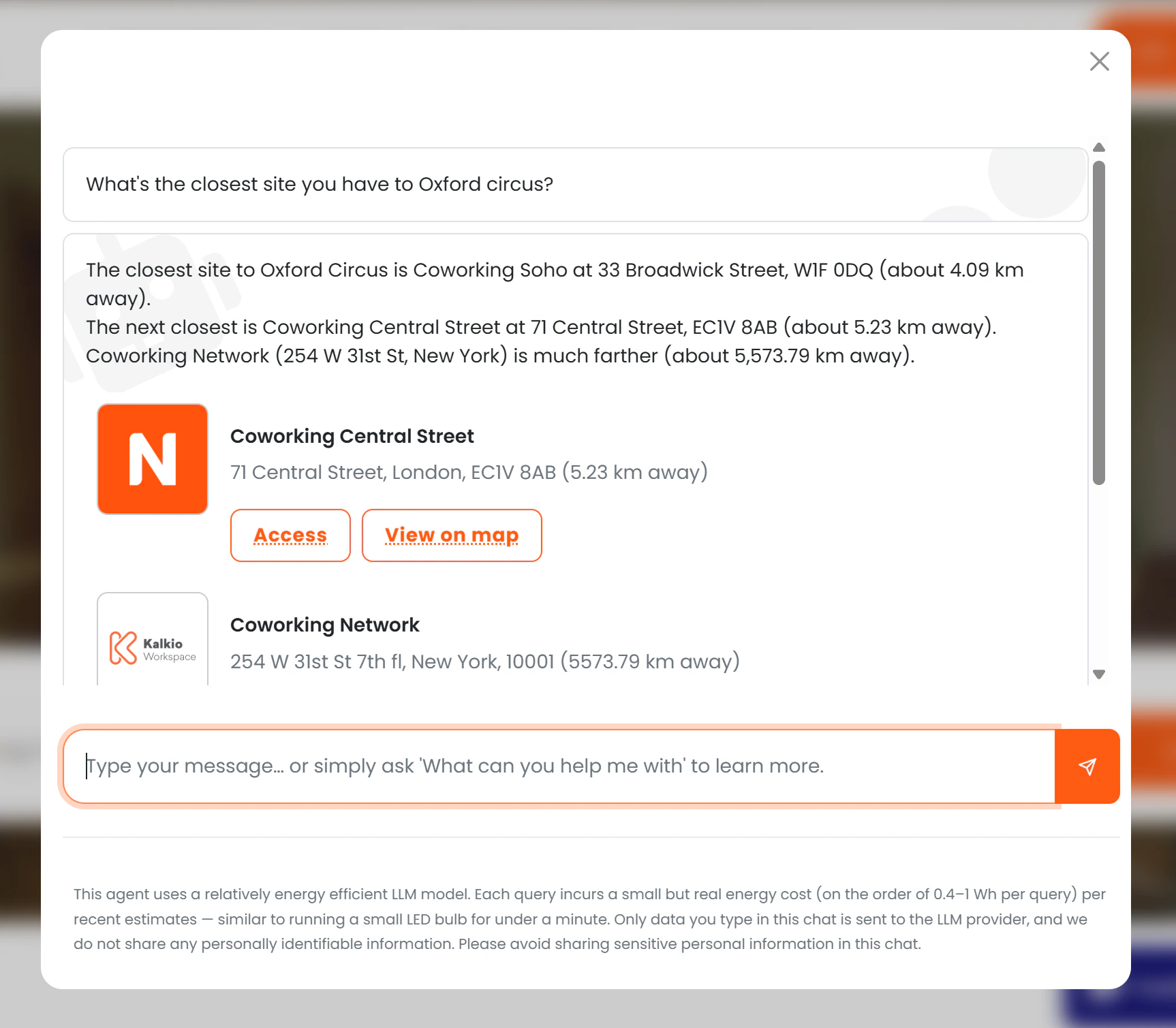 Chat showing a location enquiry with the location card response