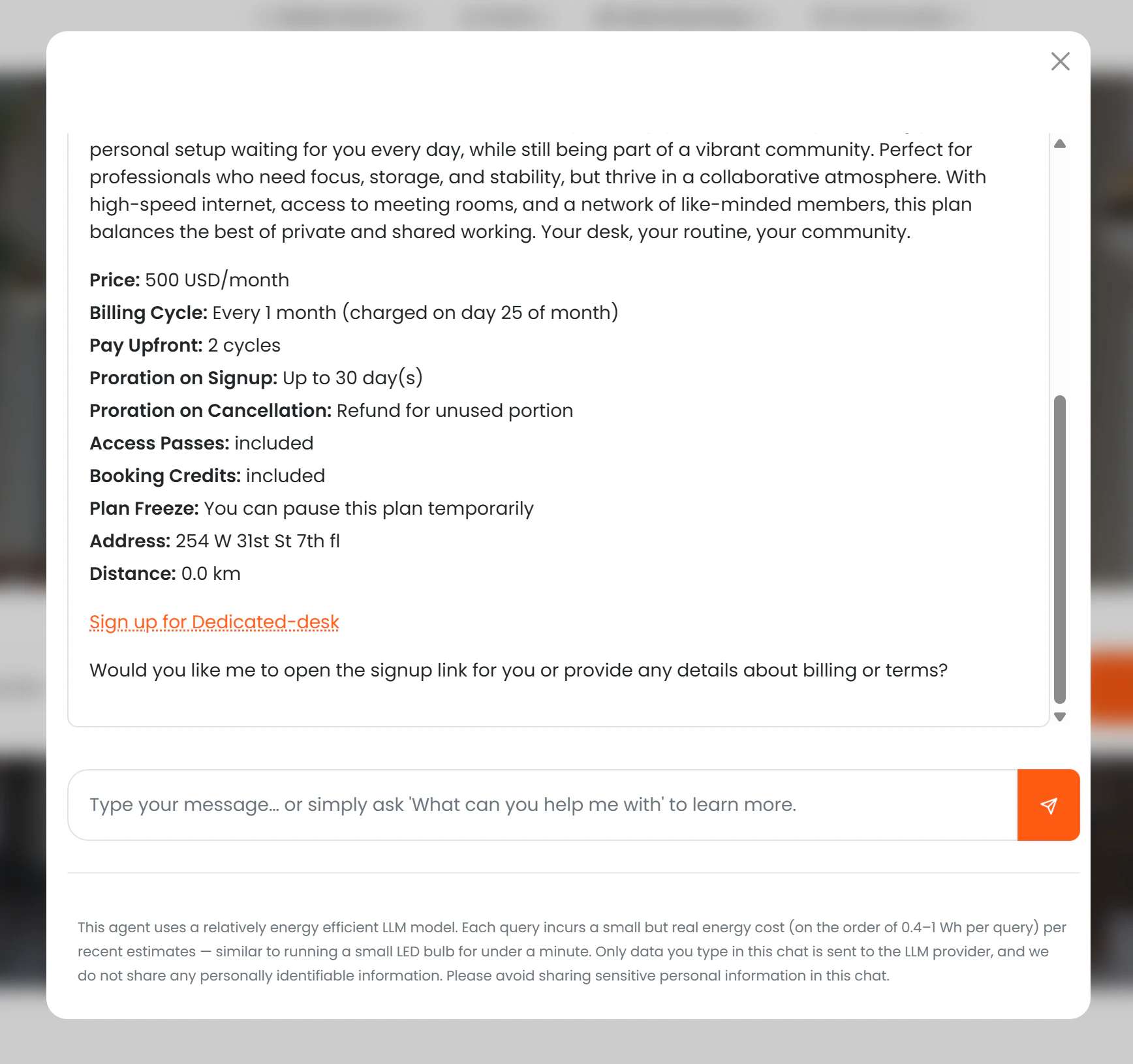 Chat showing a membership plan enquiry, AI asks for start date, then shows plan cards with pricing and sign-up button