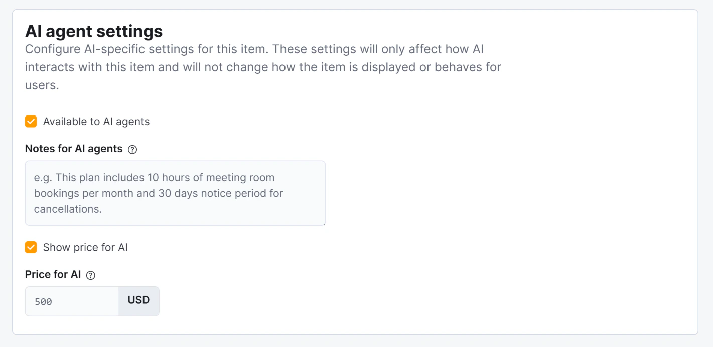 AI visibility fields on a membership plan tariff in the Nexudus admin