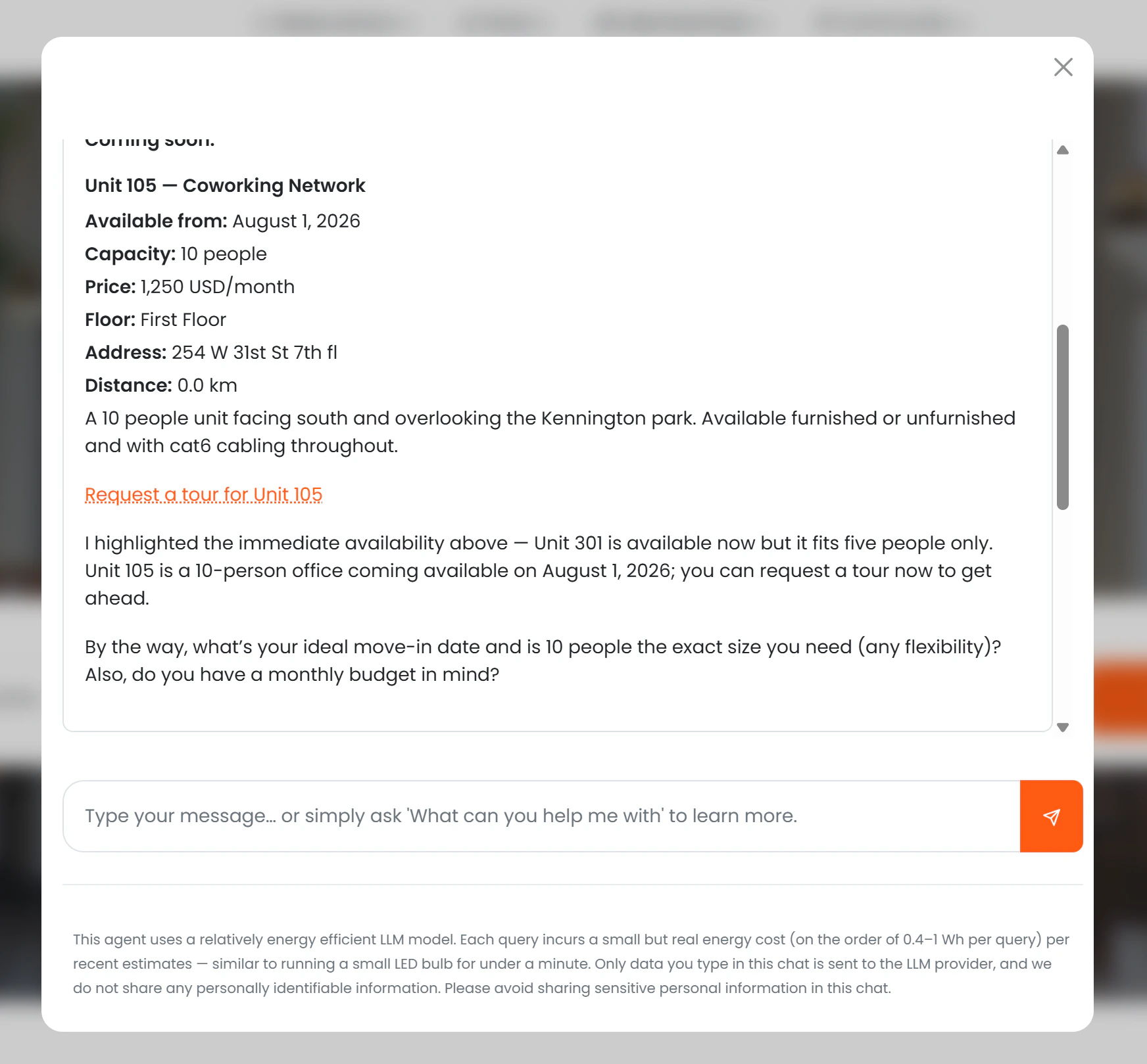 Chat showing a private office enquiry, AI asks for requirements, then shows available offices with Request a tour button