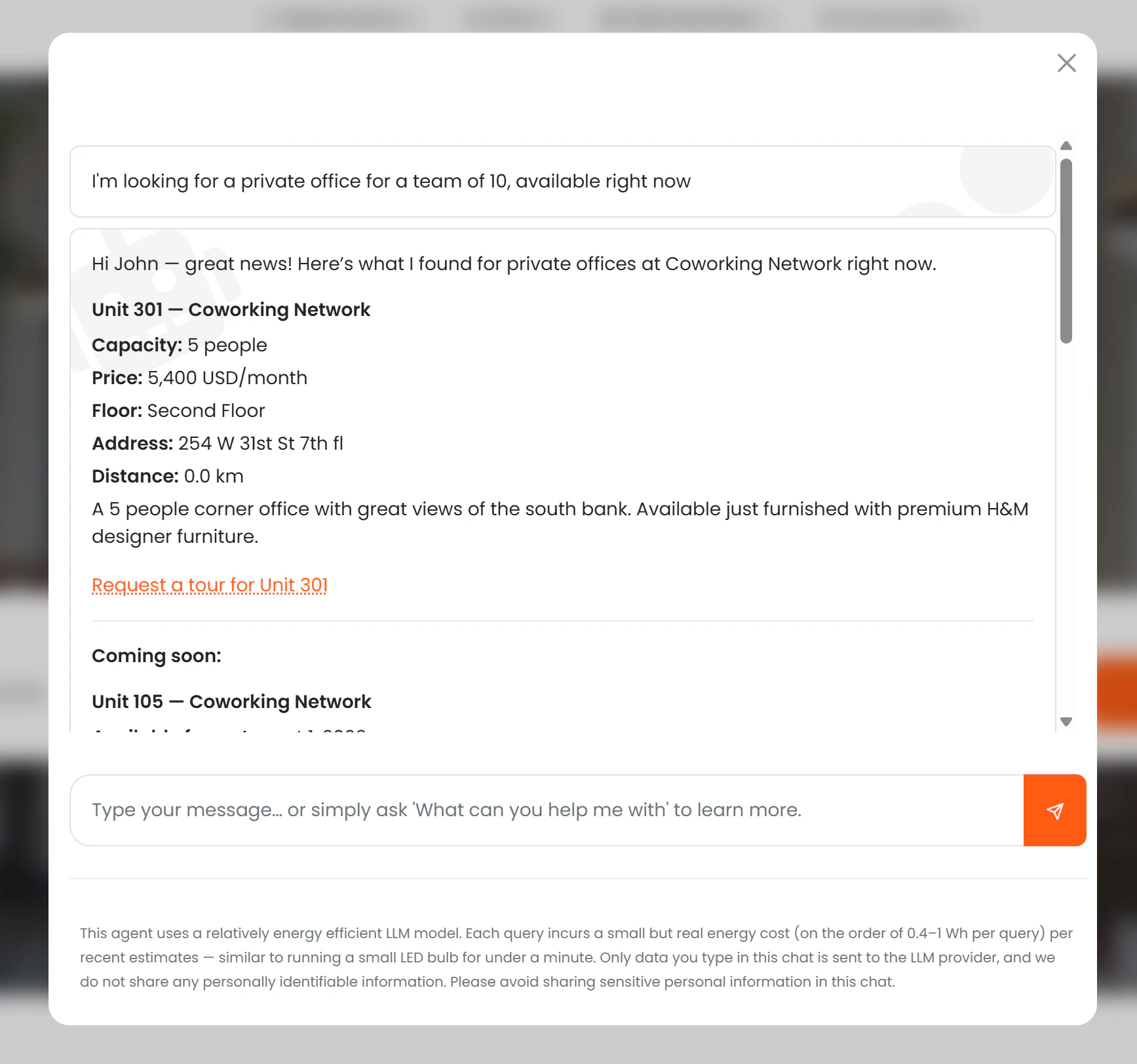 Chat showing a private office enquiry, AI asks for requirements, then shows available offices with Request a tour button