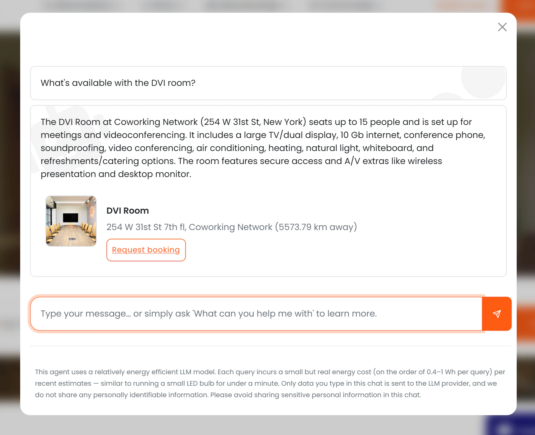 Chat showing a room enquiry with the room card showing photo, capacity, features, and a Request booking button