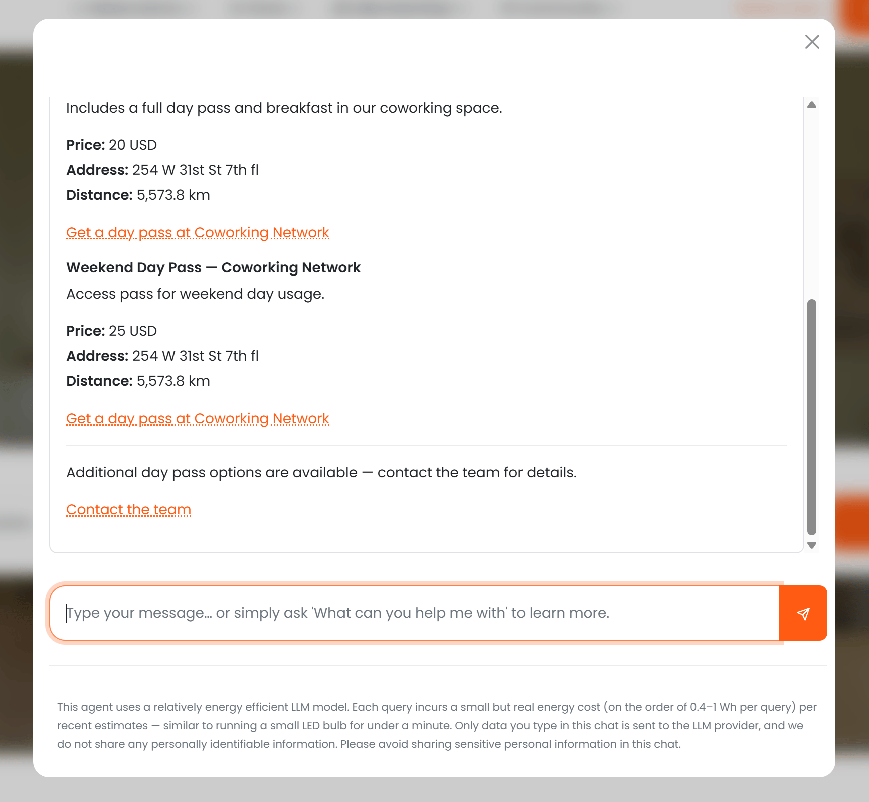 Side-by-side: a day pass with full AI visibility shown to users vs one with Visible off where the AI says contact us