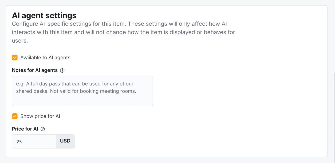 Admin settings for a day pass product showing the AI visibility fields