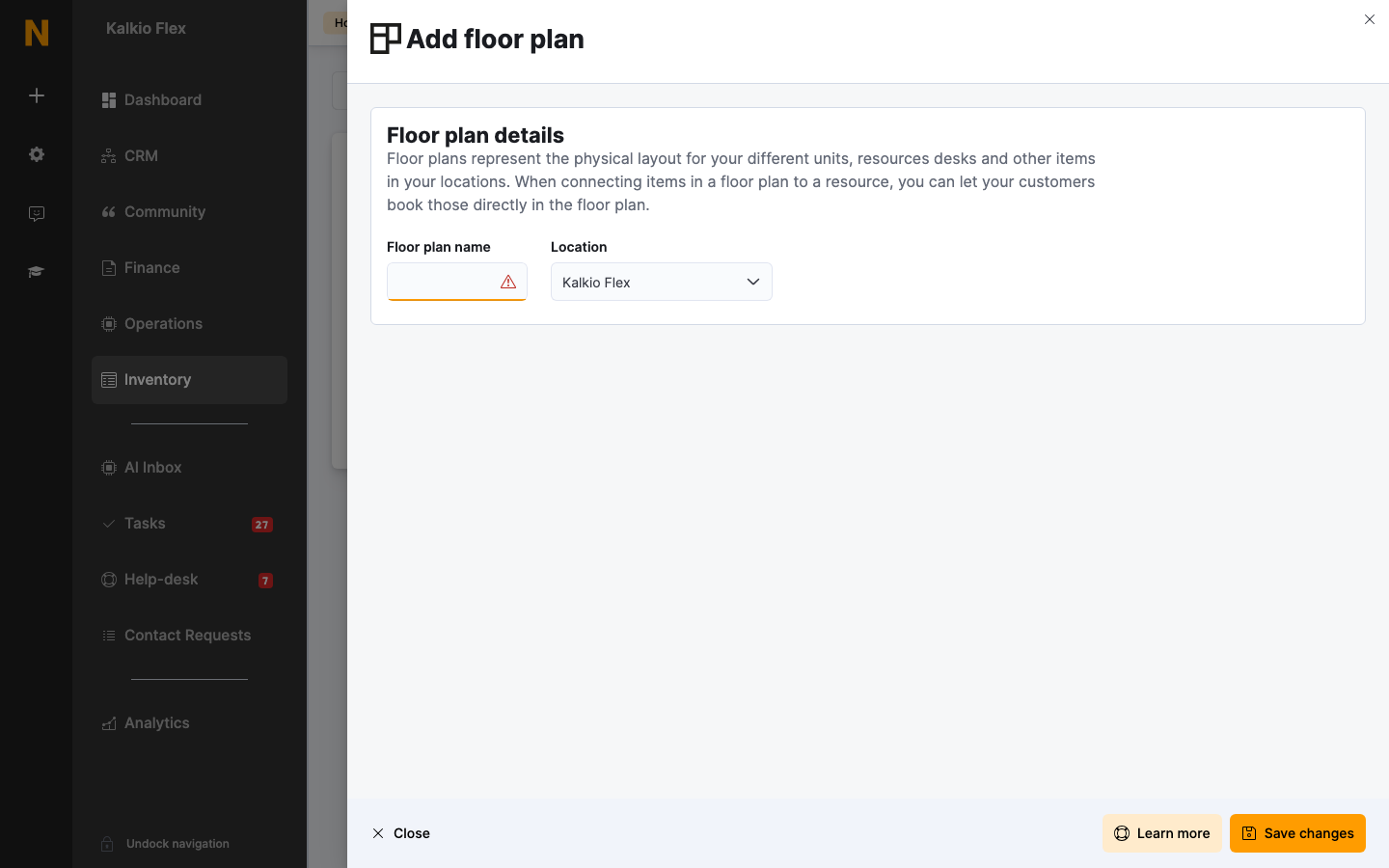 Add floor plan form with name and location fields
