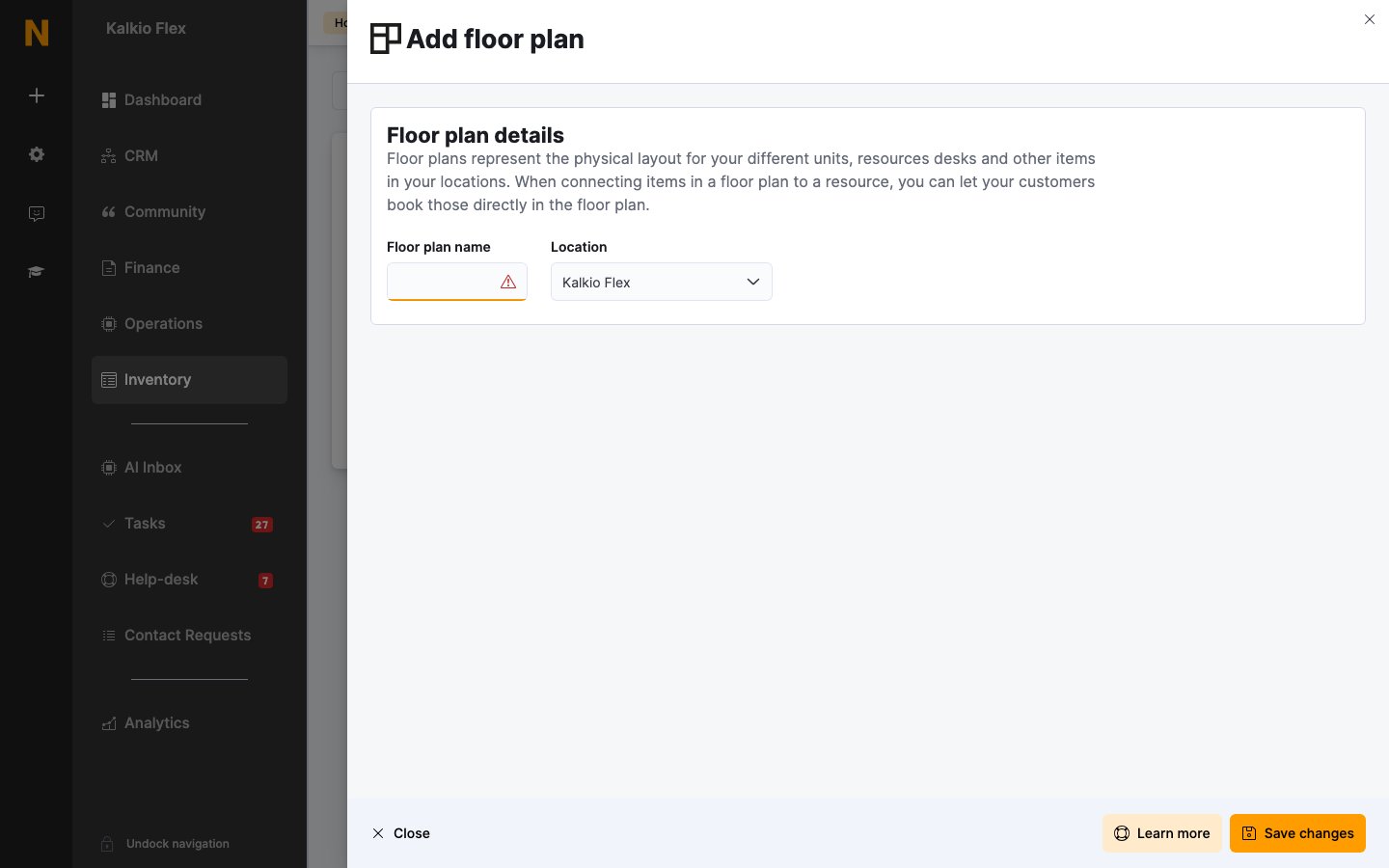 Add floor plan form with name and location fields