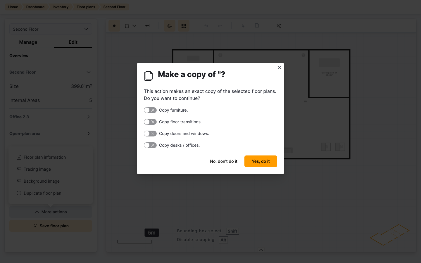 Duplicate floor plan dialog with options to copy furniture, transitions, doors and windows, and desks and offices