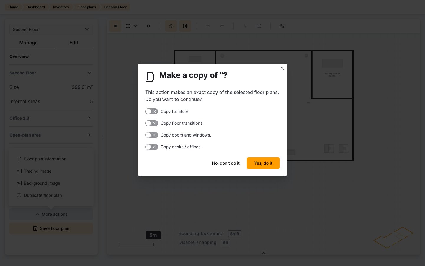 Duplicate floor plan dialog with options to copy furniture, transitions, doors and windows, and desks and offices