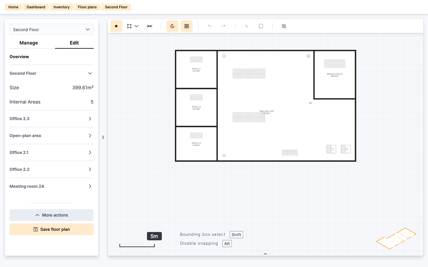Floor plan editor Edit tab showing walls, areas and furniture