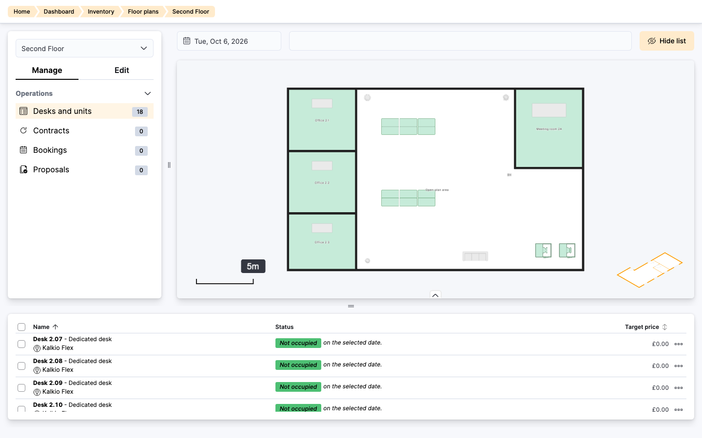 Manage tab showing linked items in green and the item list below the plan