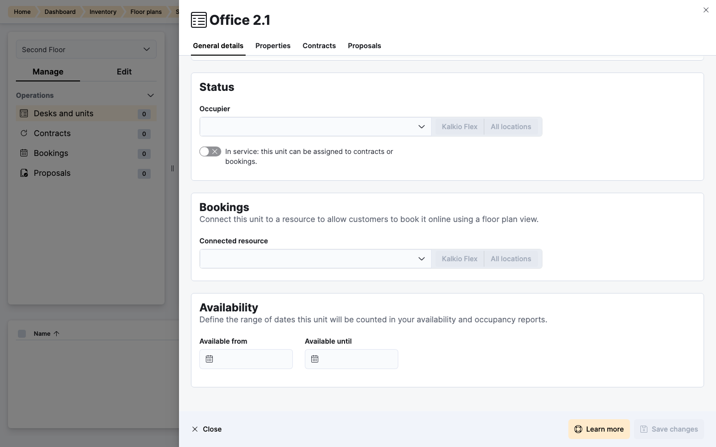 Status, Bookings and Availability sections of a floor plan item