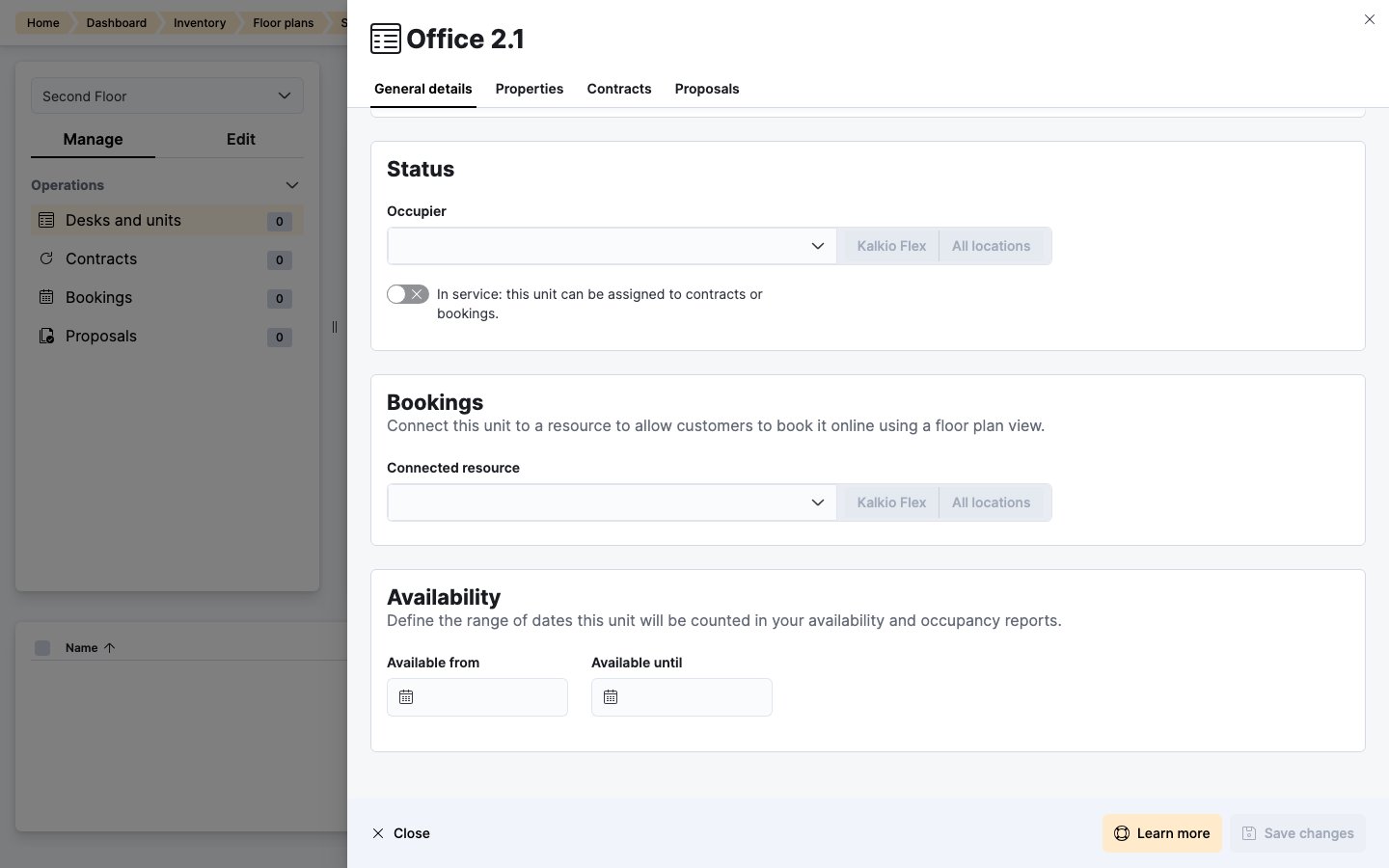 Status, Bookings and Availability sections of a floor plan item